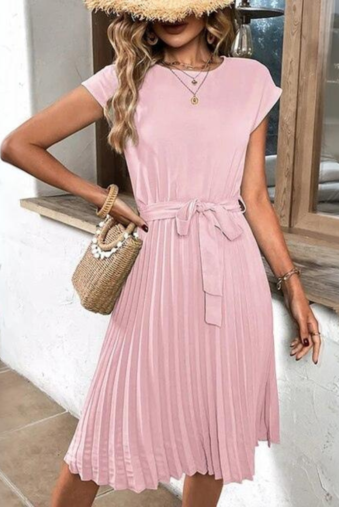 Pink Novae midi dress with waist tie by Lumina Vancouver, featuring a stylish silhouette and feminine design.