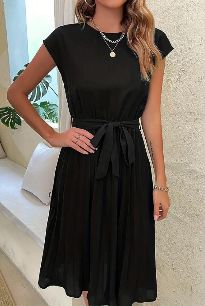 Pink Novae midi dress with waist tie from Lumina Vancouver, featuring a stylish and feminine mini dress design.