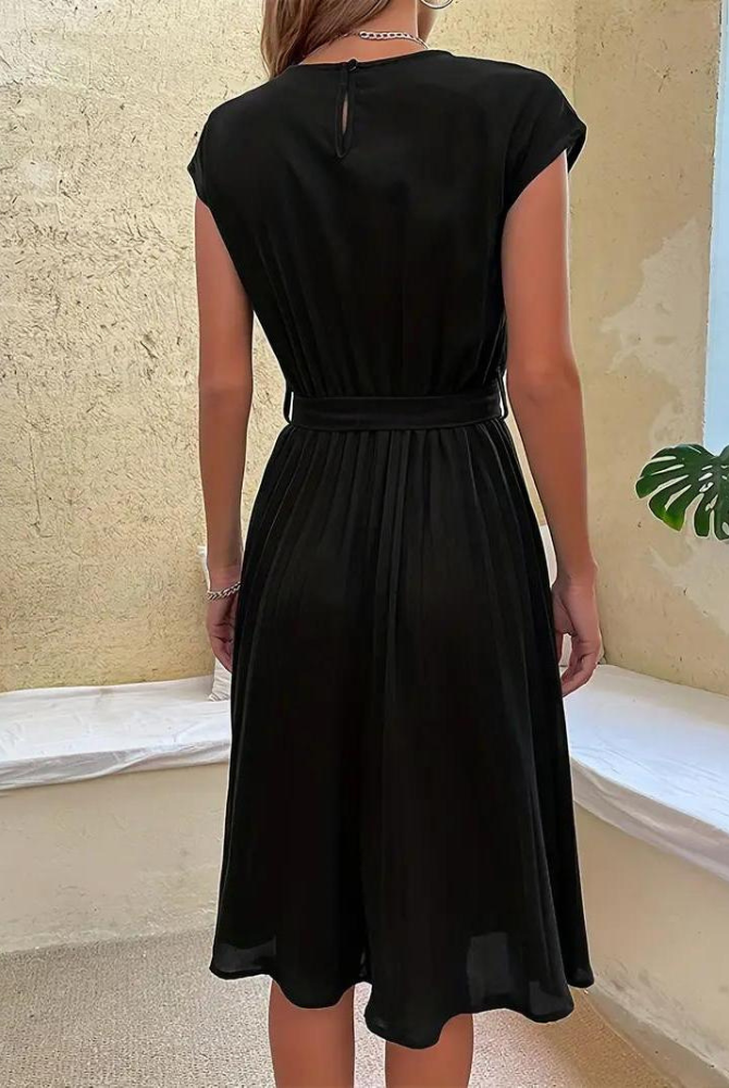 Pink Novae midi dress with waist tie by Lumina Vancouver, featuring a stylish and flattering design perfect for casual or dressy occasions.