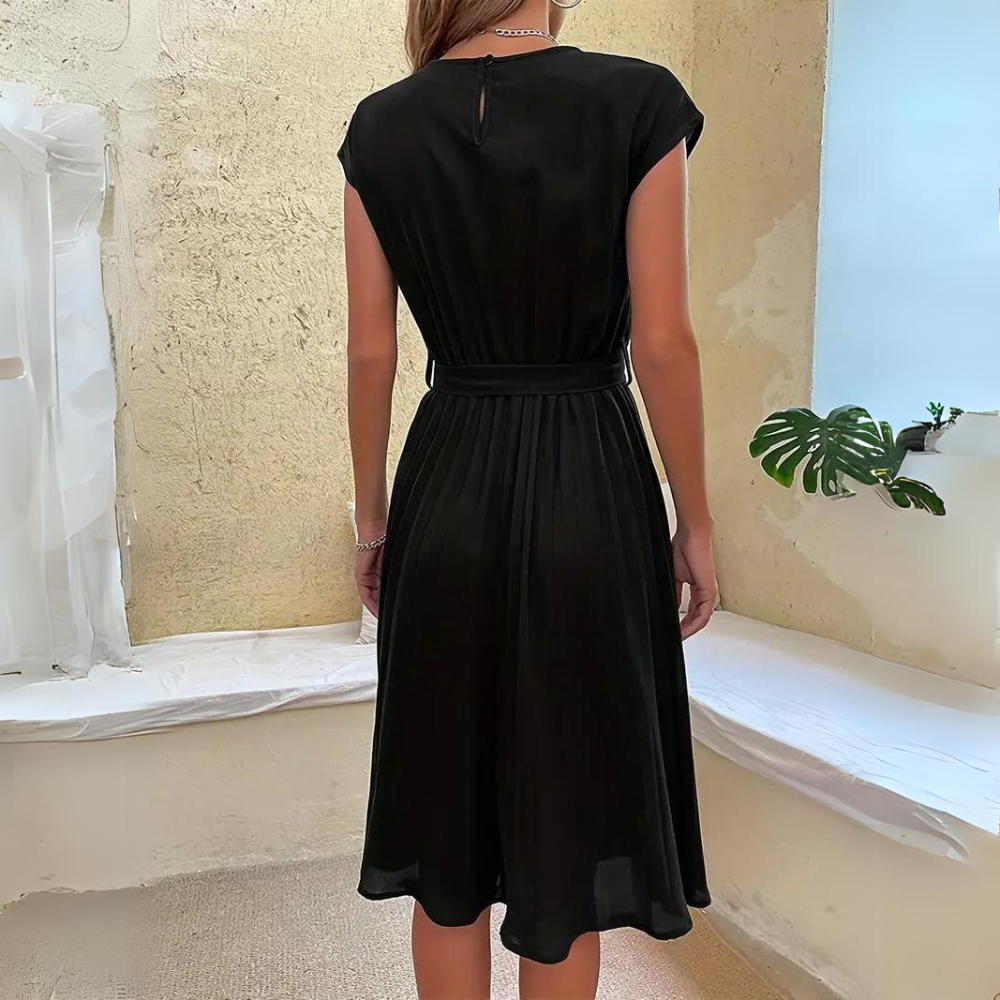 Pink Novae midi dress with waist tie by Lumina Vancouver, featuring a stylish and flattering design perfect for casual or dressy occasions.