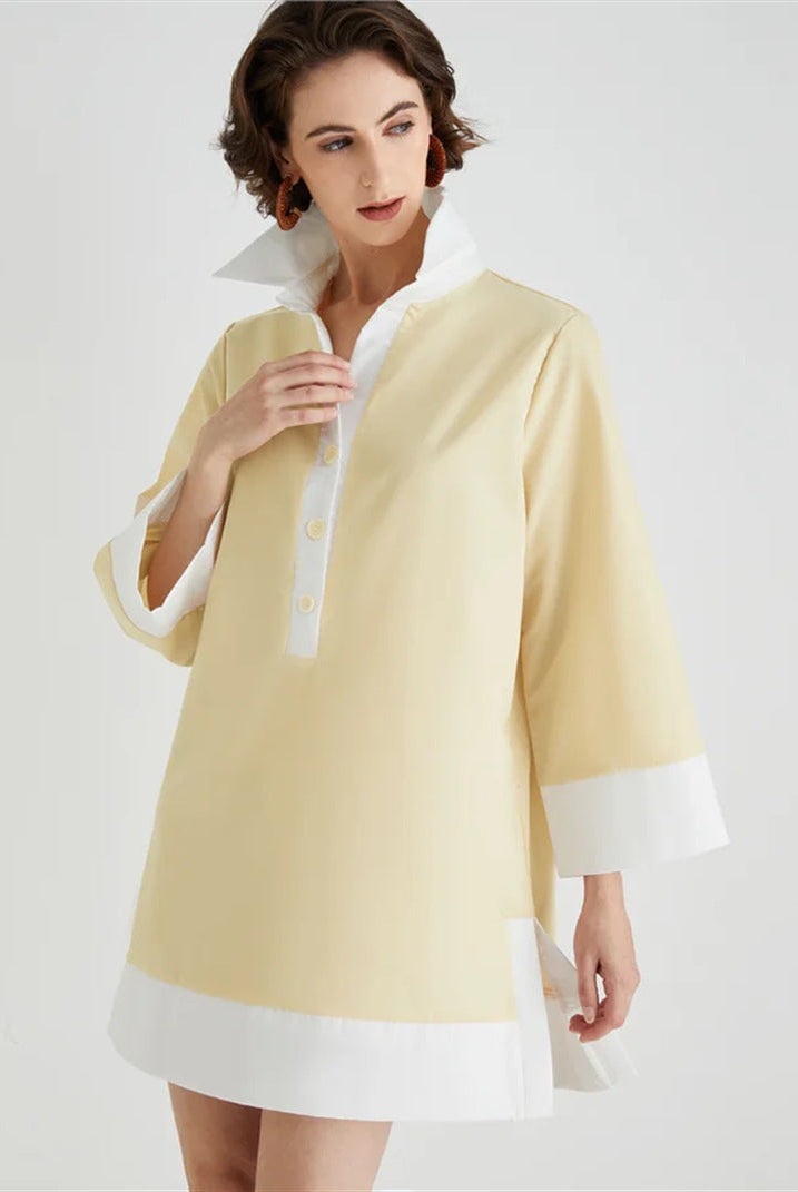 Nyx Lumina Vancouver high collar tunic dress with 3/4 sleeves, stylish mini dress in a modern design, showcased on a model.