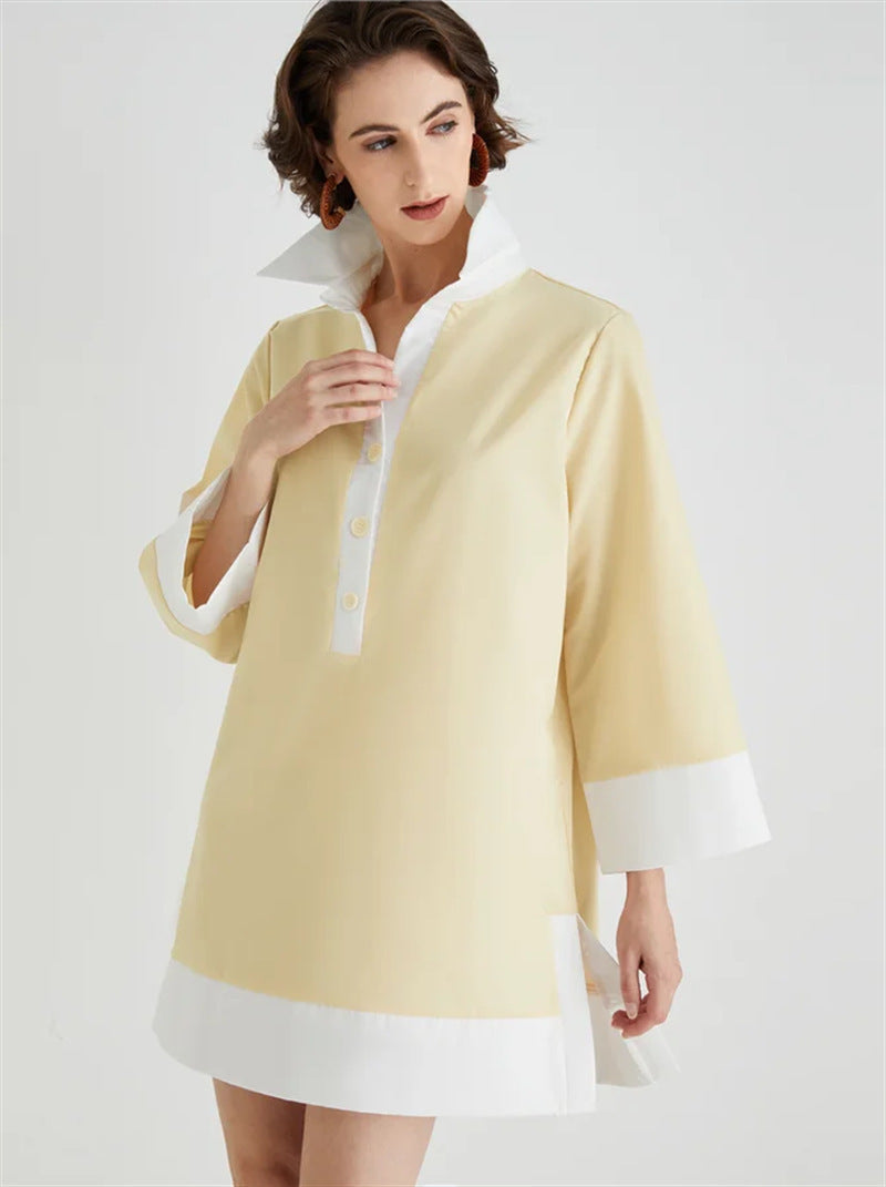 Nyx Lumina Vancouver high collar tunic dress with 3/4 sleeves, stylish mini dress in a modern design, showcased on a model.