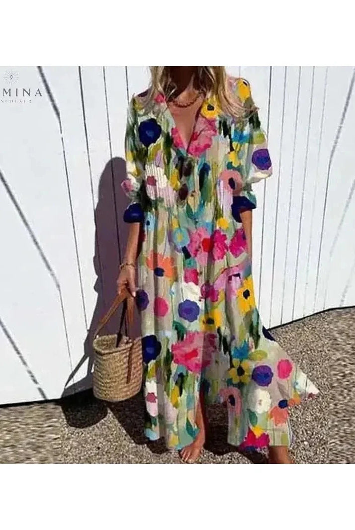 Multicolored Odessa elegant dress by Lumina Vancouver featuring flowing fabric and stylish design, perfect for formal occasions.