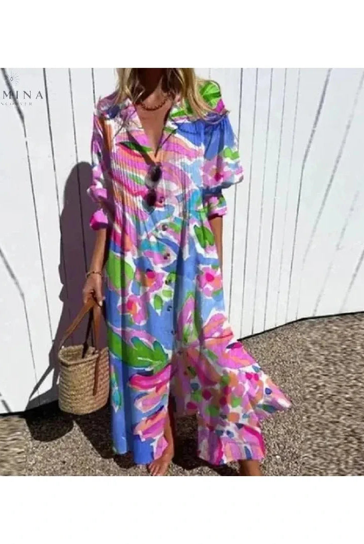 Multicolor Odessa elegant dress by Lumina Vancouver, flowing fabric with stylish design and intricate details.