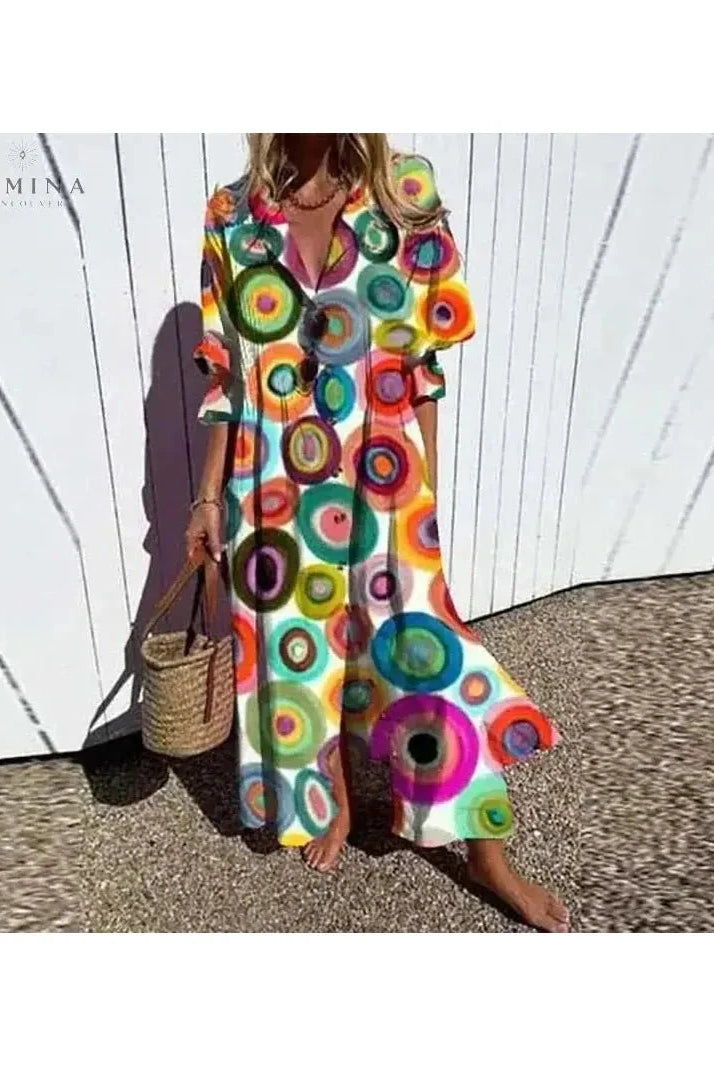 Multicolor Odessa elegant dress by Lumina Vancouver featuring flowing fabric and stylish design, perfect for formal occasions.