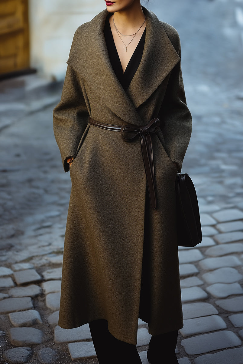 Olive green Petronilla Belted Wrap Coat by Lumina Vancouver, shown on a model, featuring a stylish belted design and soft fabric.