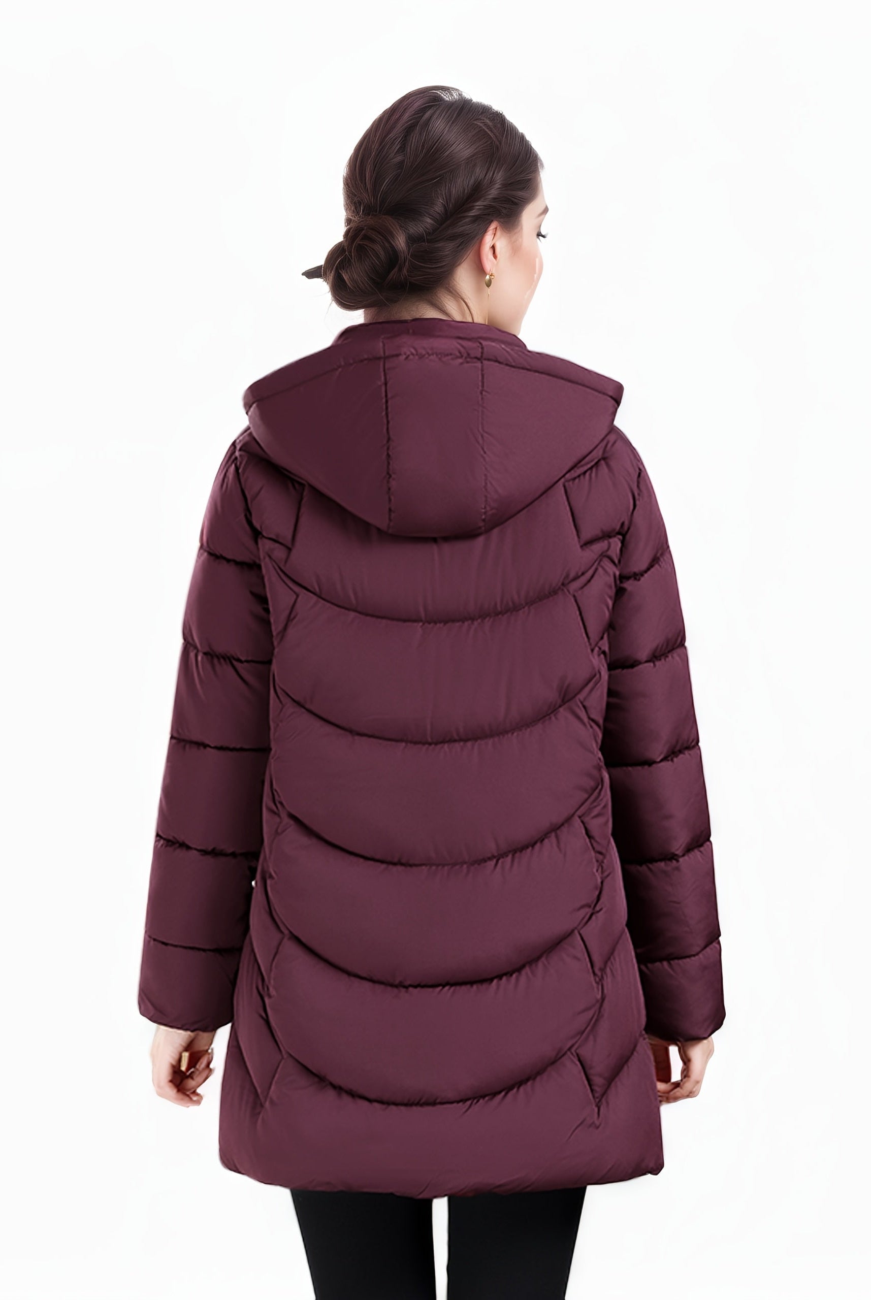Dark green Olivia women's puffer coat by Lumina Wear featuring a longline hooded design with quilted pattern and cozy padding.
