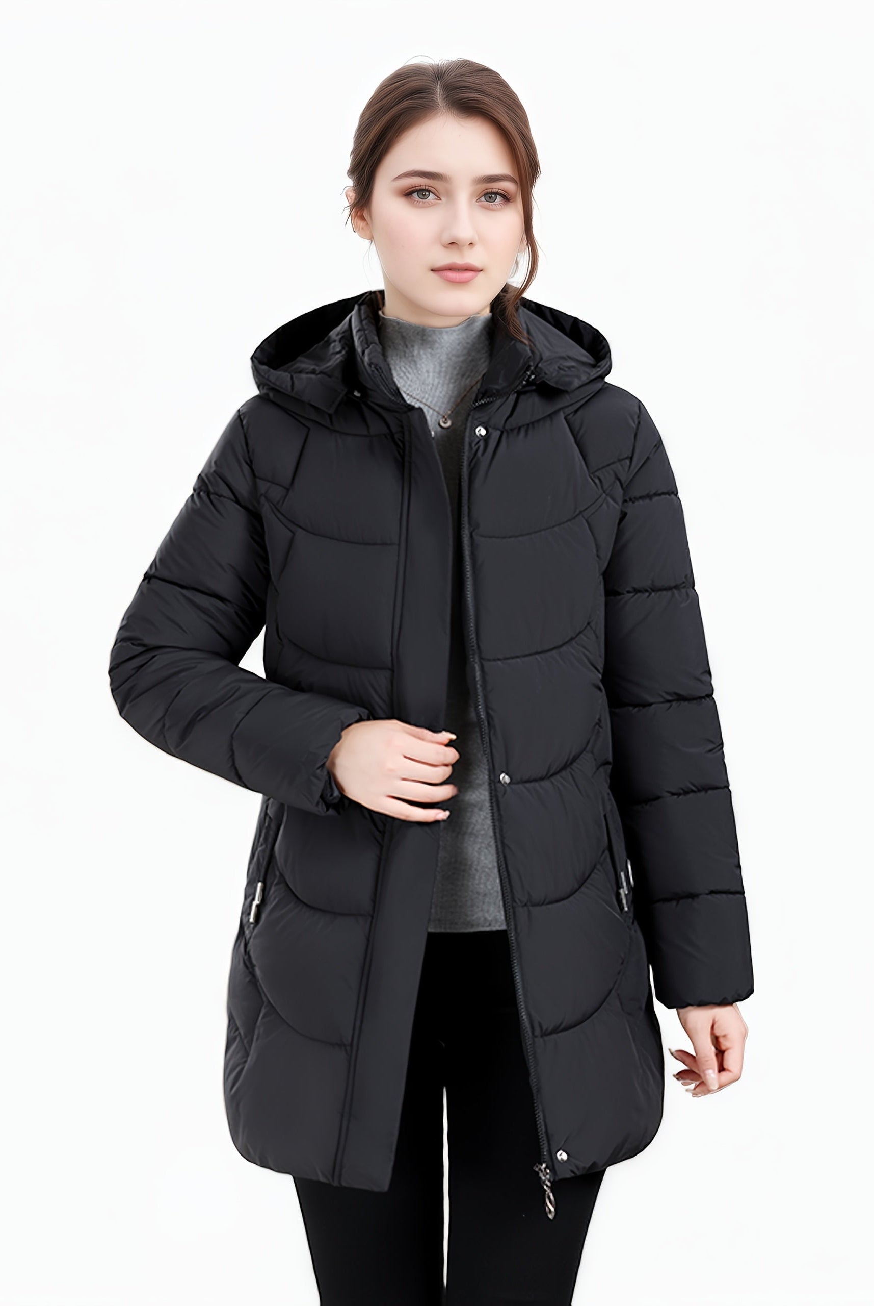Dark green Olivia Lumina Wear women's longline hooded puffer coat with quilted design, cozy and stylish for winter.
