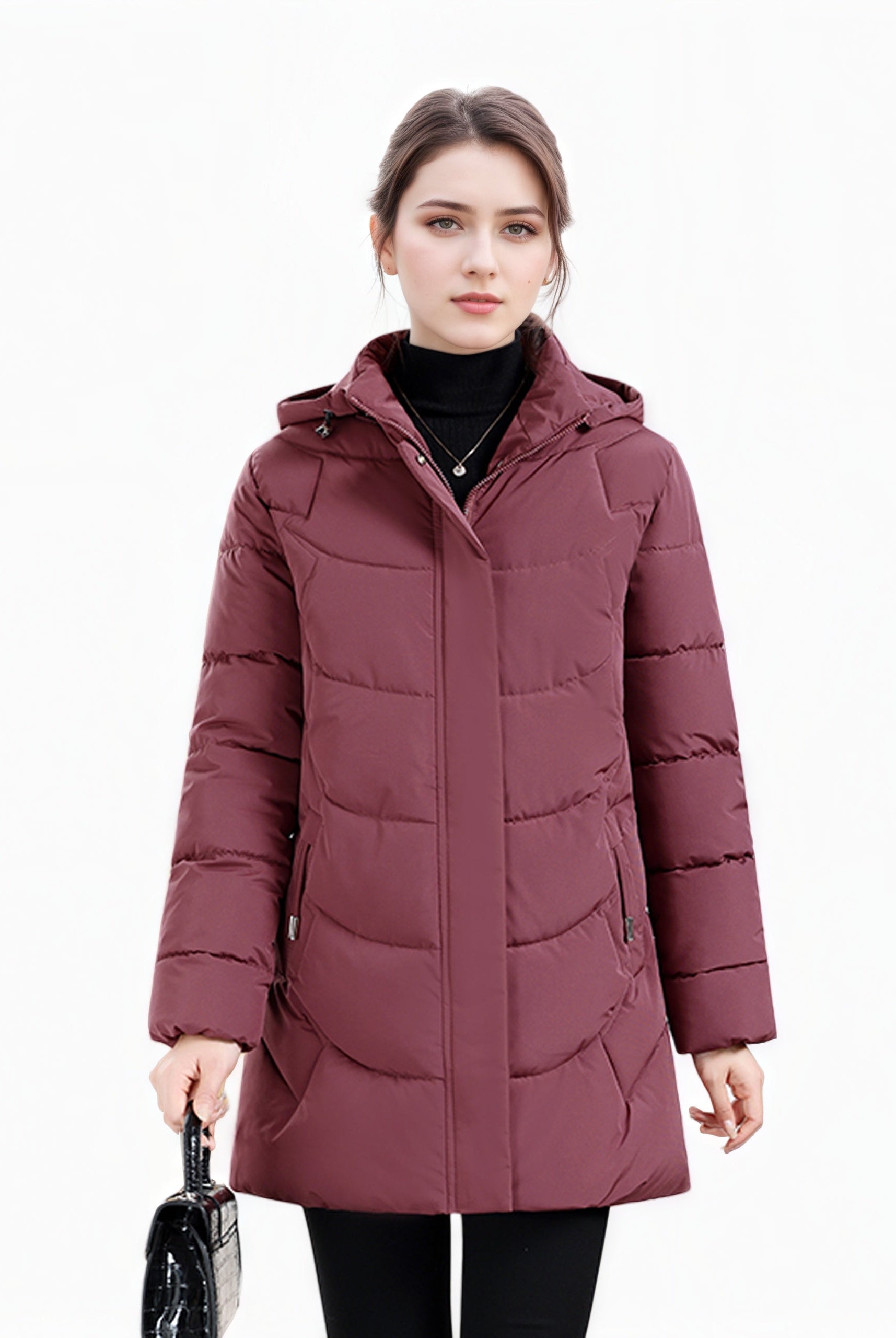 Olivia women's longline hooded puffer coat with quilted design in dark green by Lumina Wear, cozy and stylish for winter warmth.