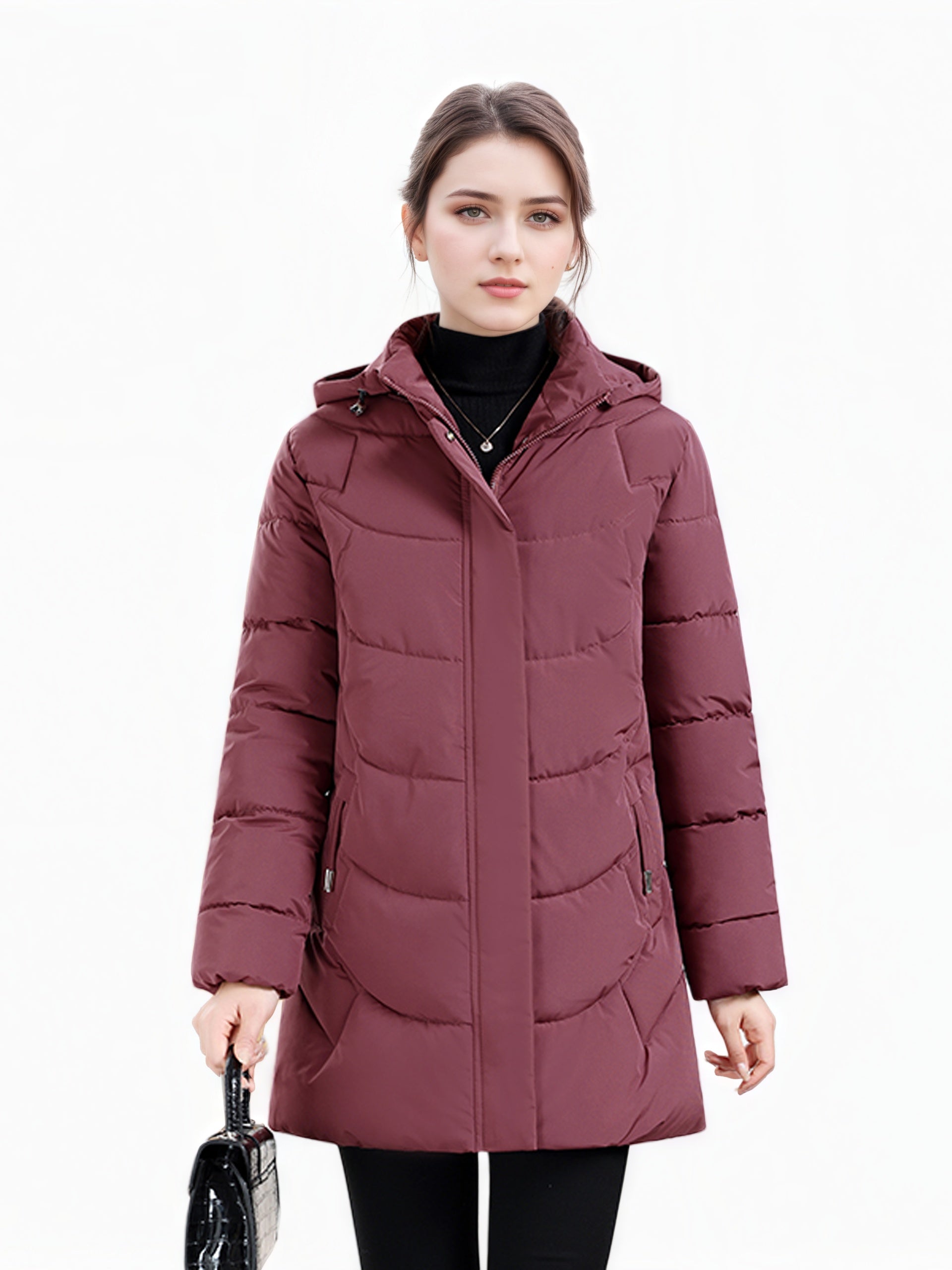 Olivia women's longline hooded puffer coat with quilted design in dark green by Lumina Wear, cozy and stylish for winter warmth.