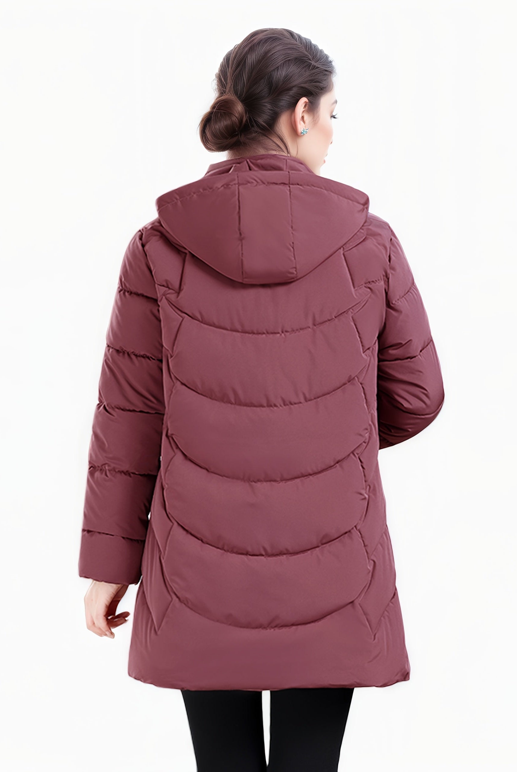 Dark green Olivia longline hooded puffer coat with quilted design by Lumina Wear, women's winter coat with cozy, stylish insulation.
