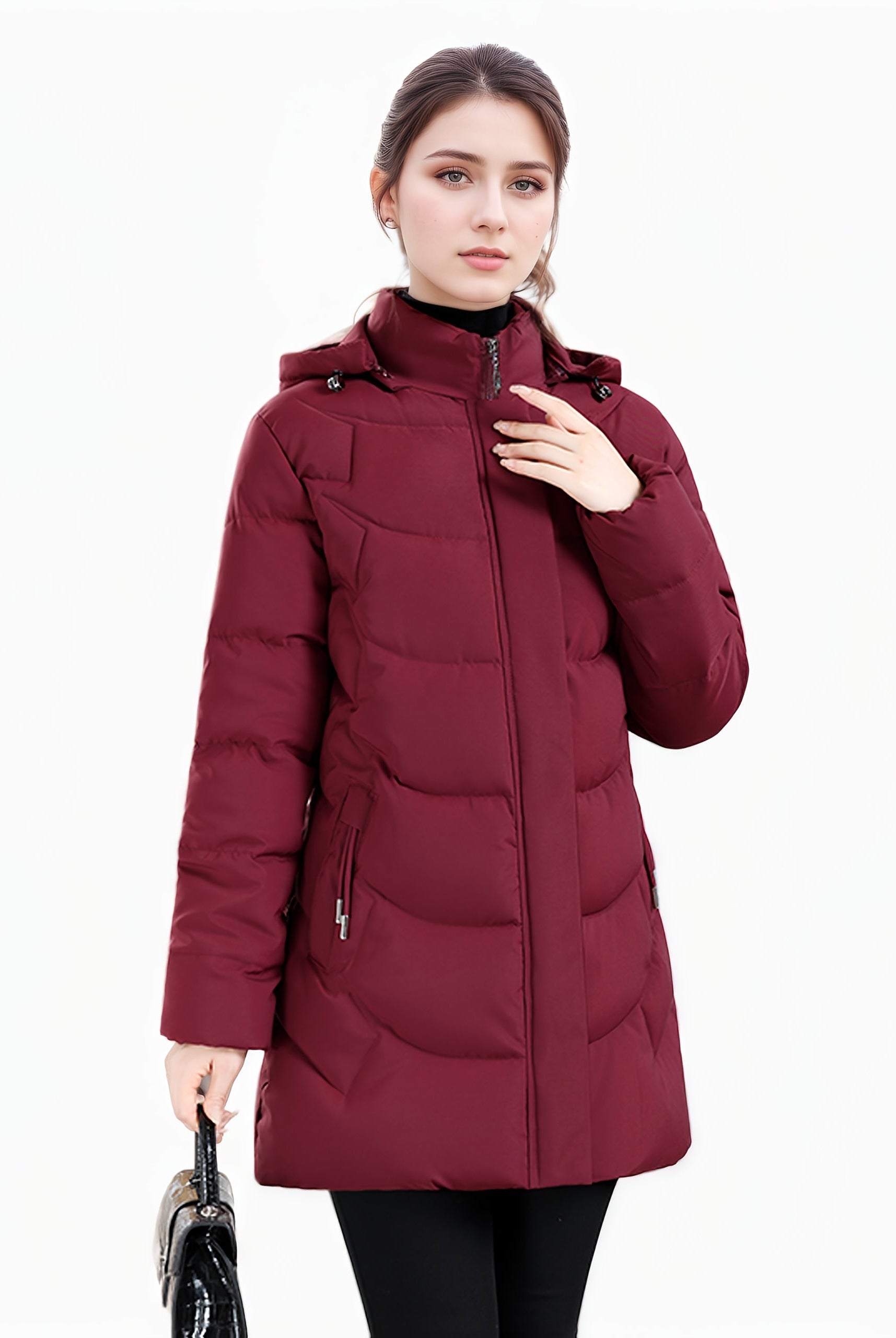Dark green Olivia puffer coat by Lumina Wear, cozy longline hooded jacket with quilted design for women.