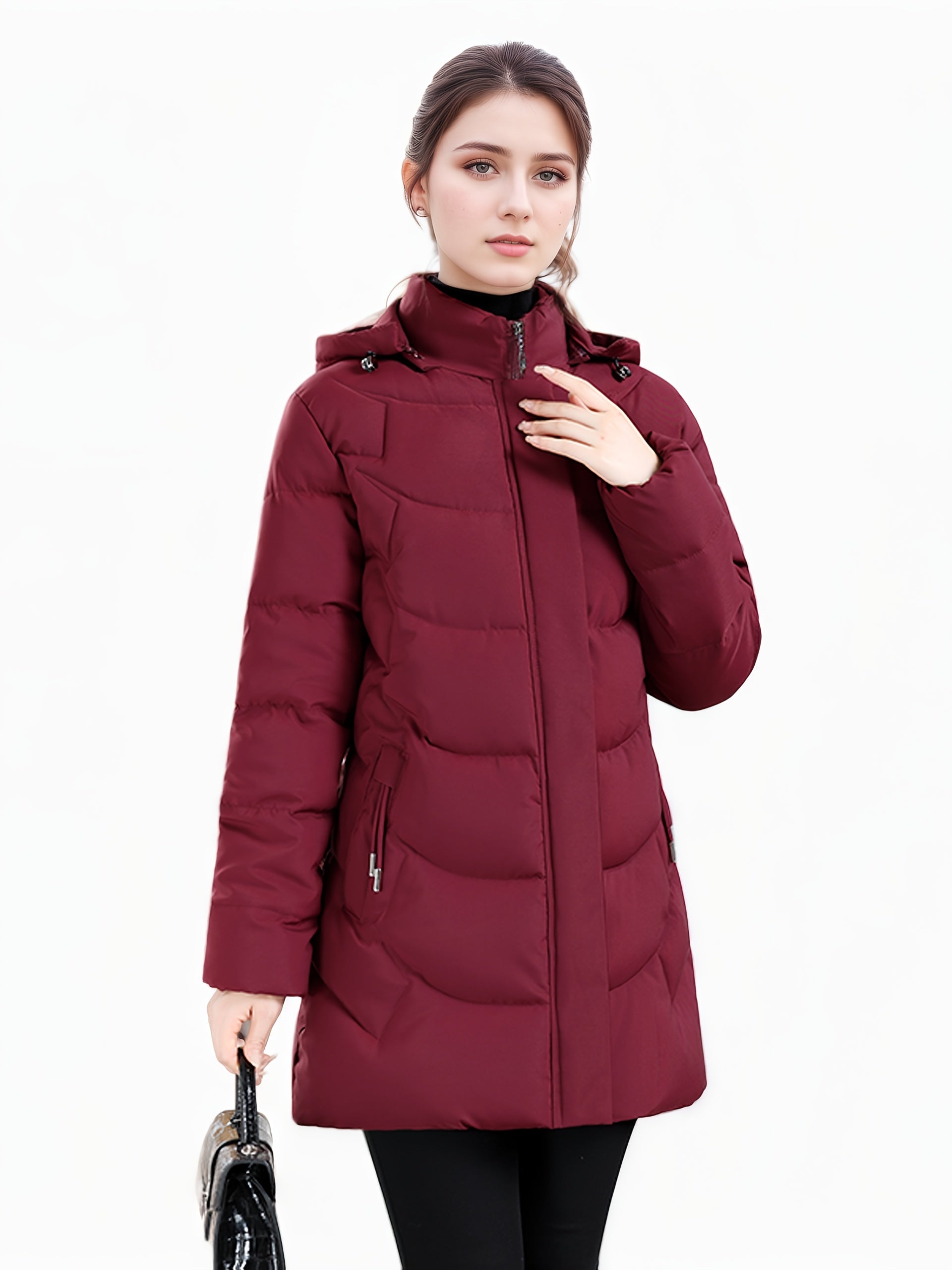 Dark green Olivia puffer coat by Lumina Wear, cozy longline hooded jacket with quilted design for women.