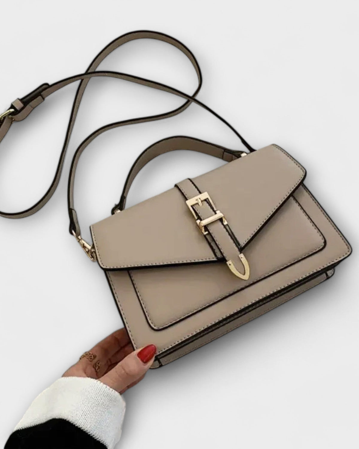 Lumina Wear Olivia elegant mini satchel handbag in khaki with timeless buckle detail, compact size, and stylish design.