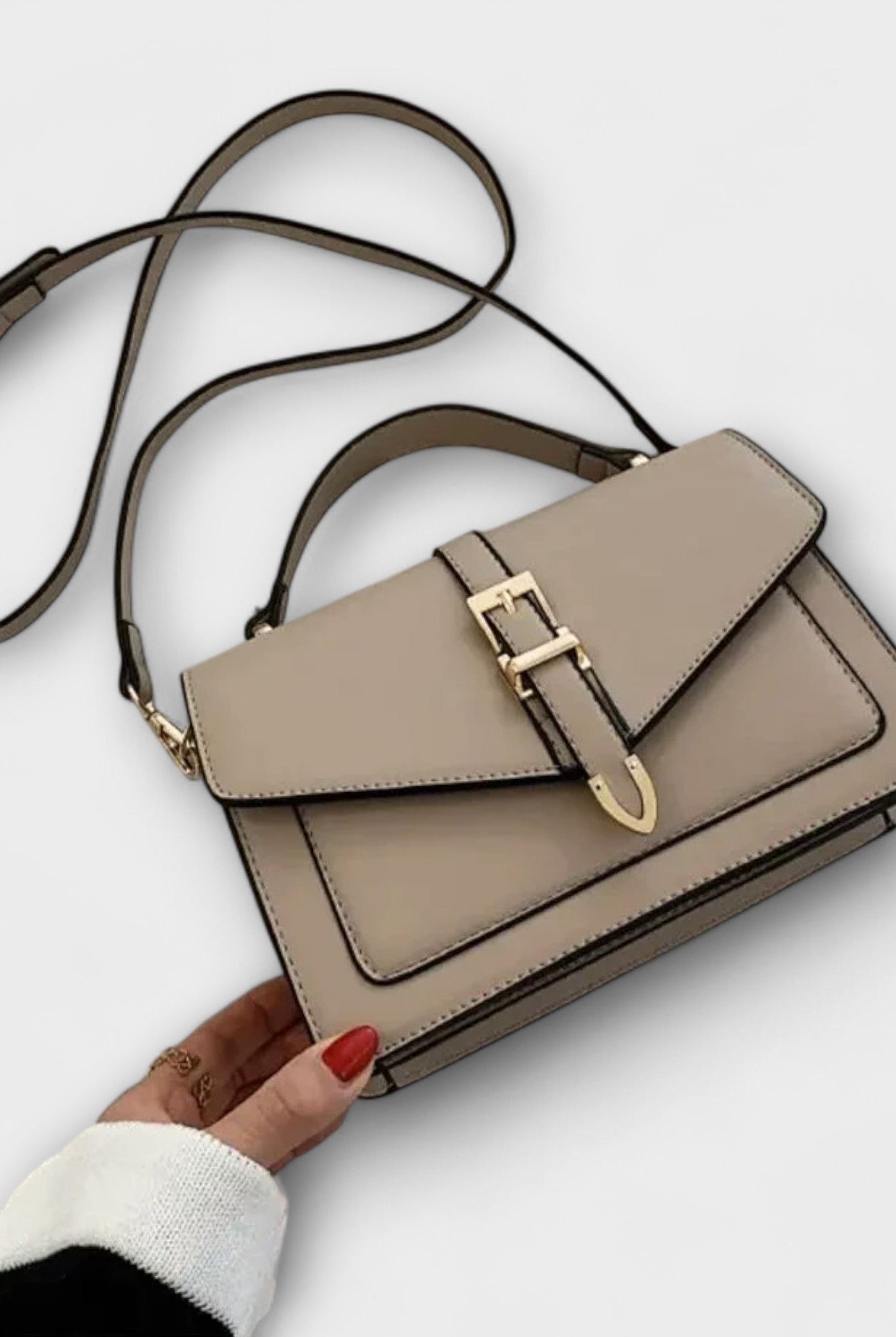 Lumina Wear Olivia elegant mini satchel handbag in khaki with timeless buckle detail, compact and stylish for everyday use.