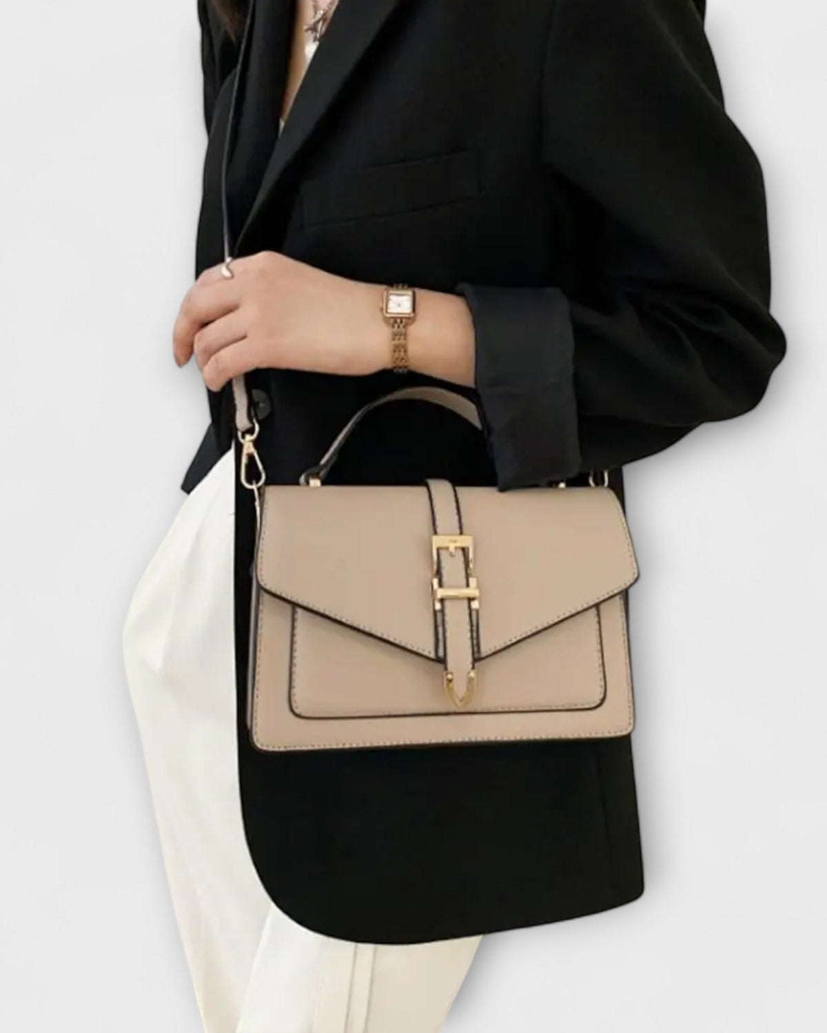 Lumina Wear Olivia mini satchel handbag in khaki with timeless buckle detail, featuring a compact design and shoulder strap.