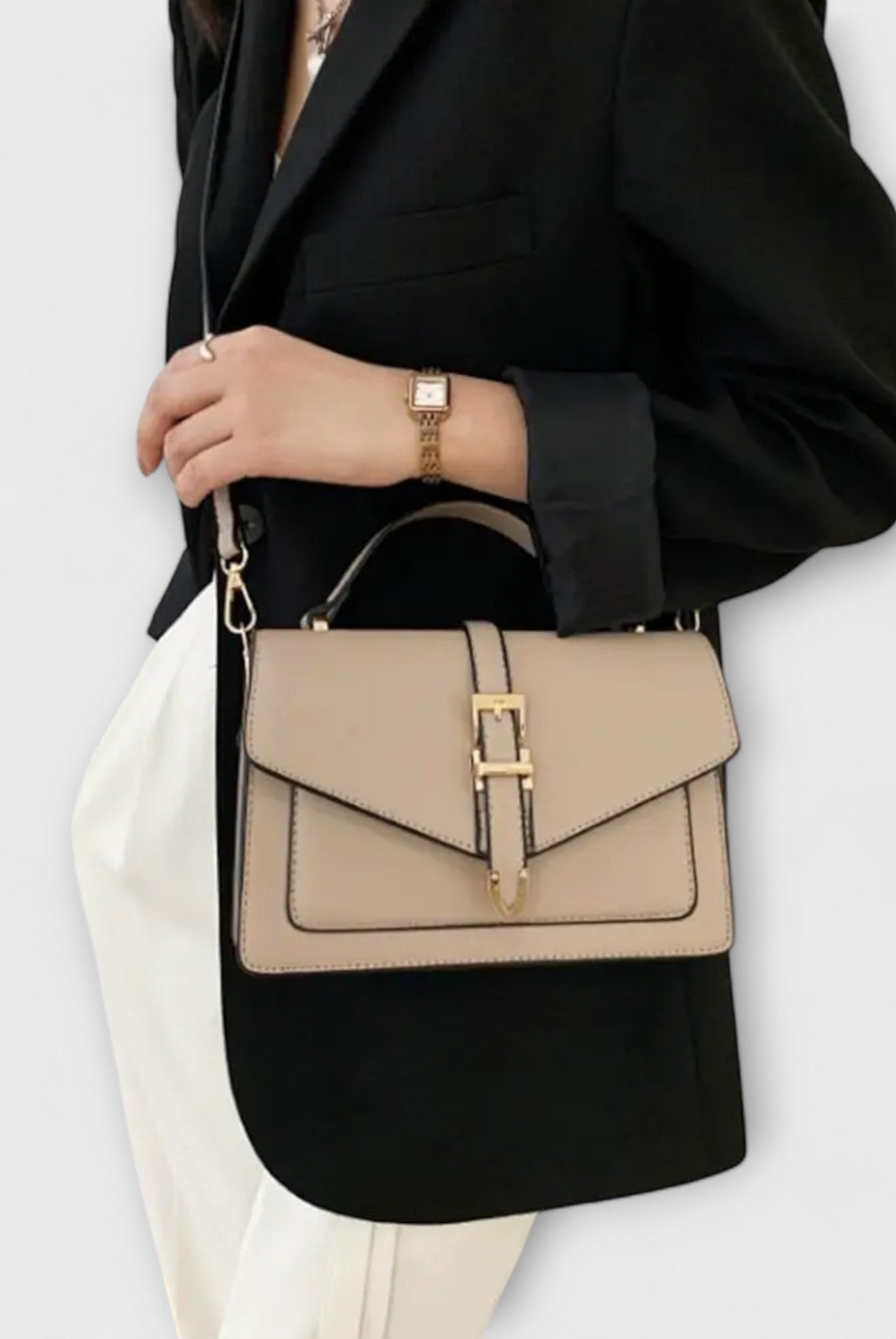 Lumina Wear Olivia mini satchel handbag in khaki with timeless buckle detail, compact size, and elegant design.