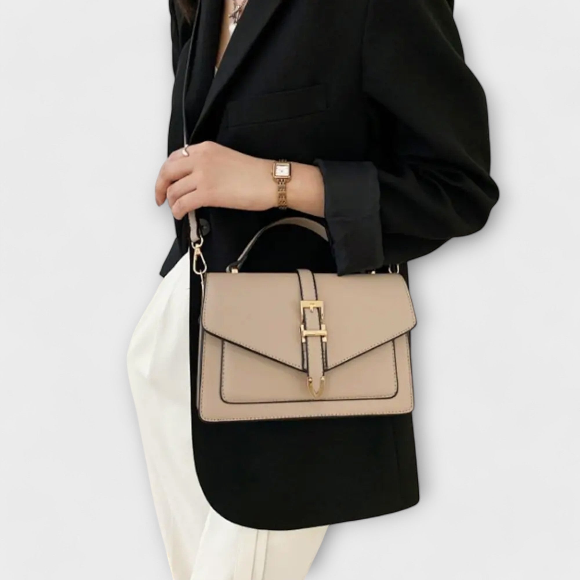 Lumina Wear Olivia mini satchel handbag in khaki with timeless buckle detail, compact size, and elegant design.