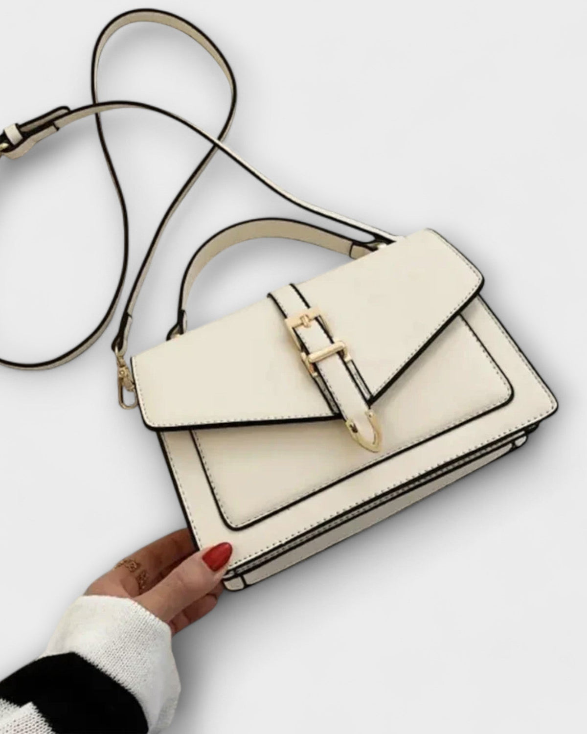 Lumina Wear Olivia mini satchel handbag in khaki with buckle detail, compact size, perfect for elegant everyday style.