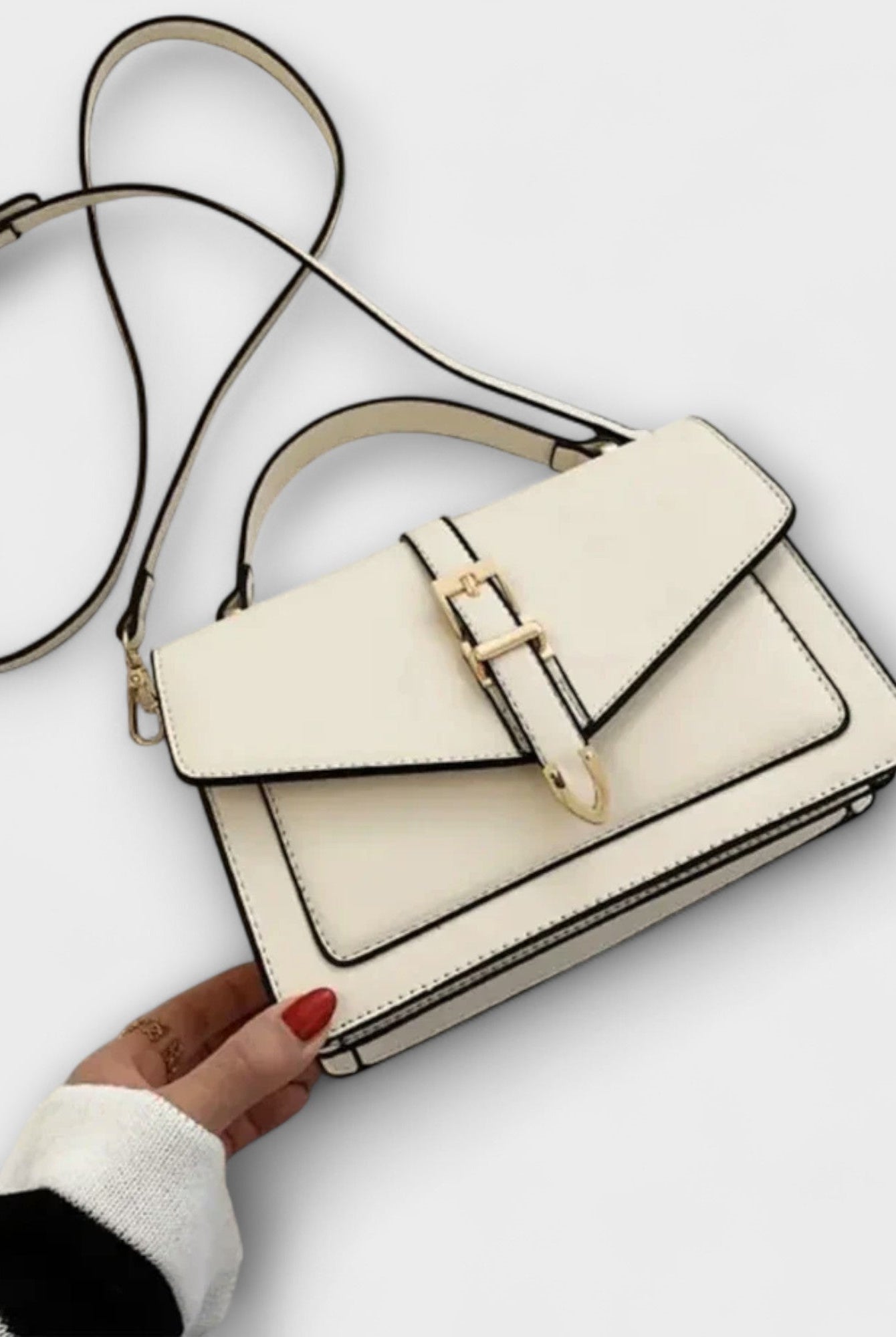Lumina Wear Olivia mini satchel handbag in khaki with a timeless buckle detail, showcasing elegant design and compact size.