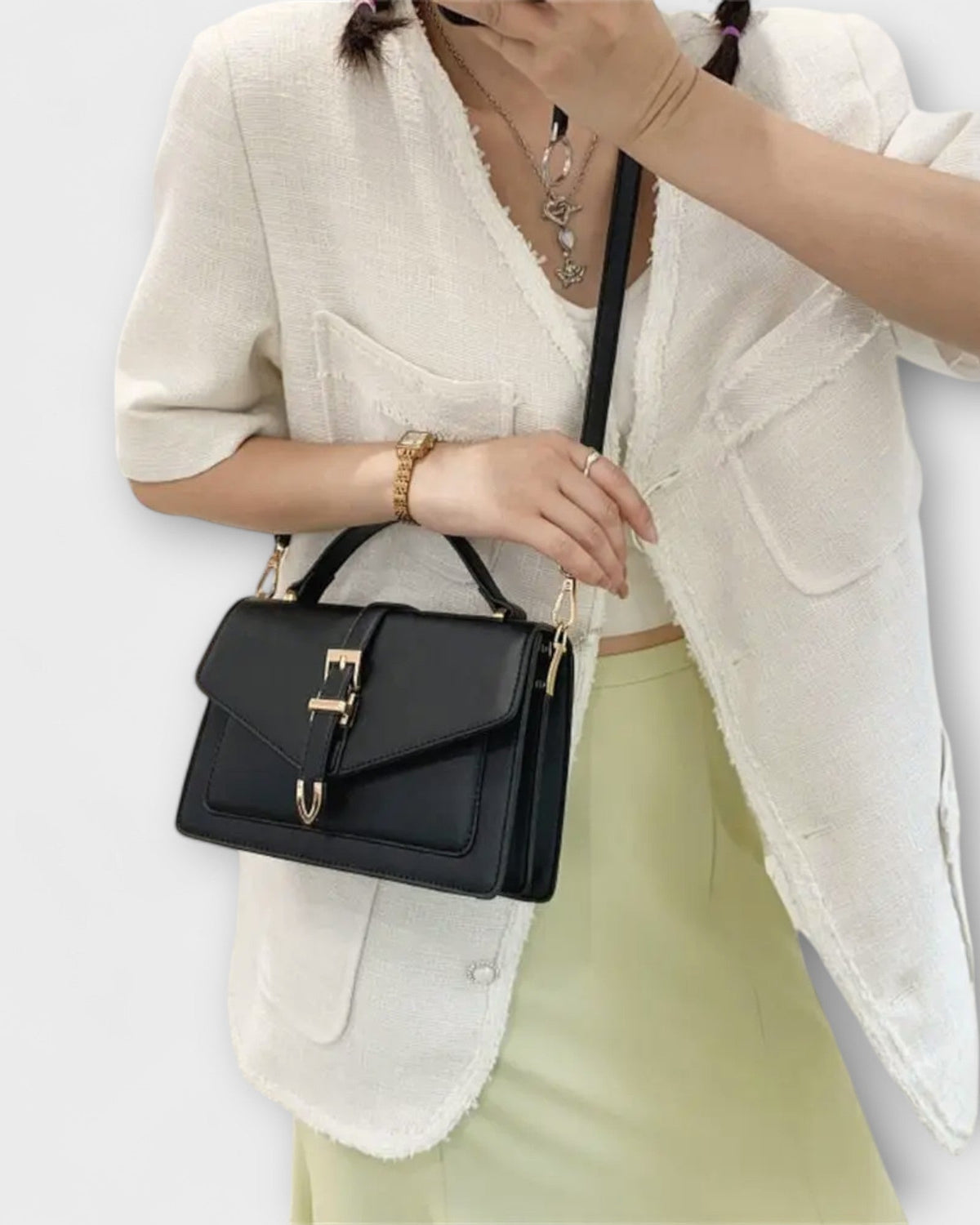 Lumina Wear Olivia mini satchel handbag in khaki with timeless buckle detail, compact size, perfect for elegant everyday use.