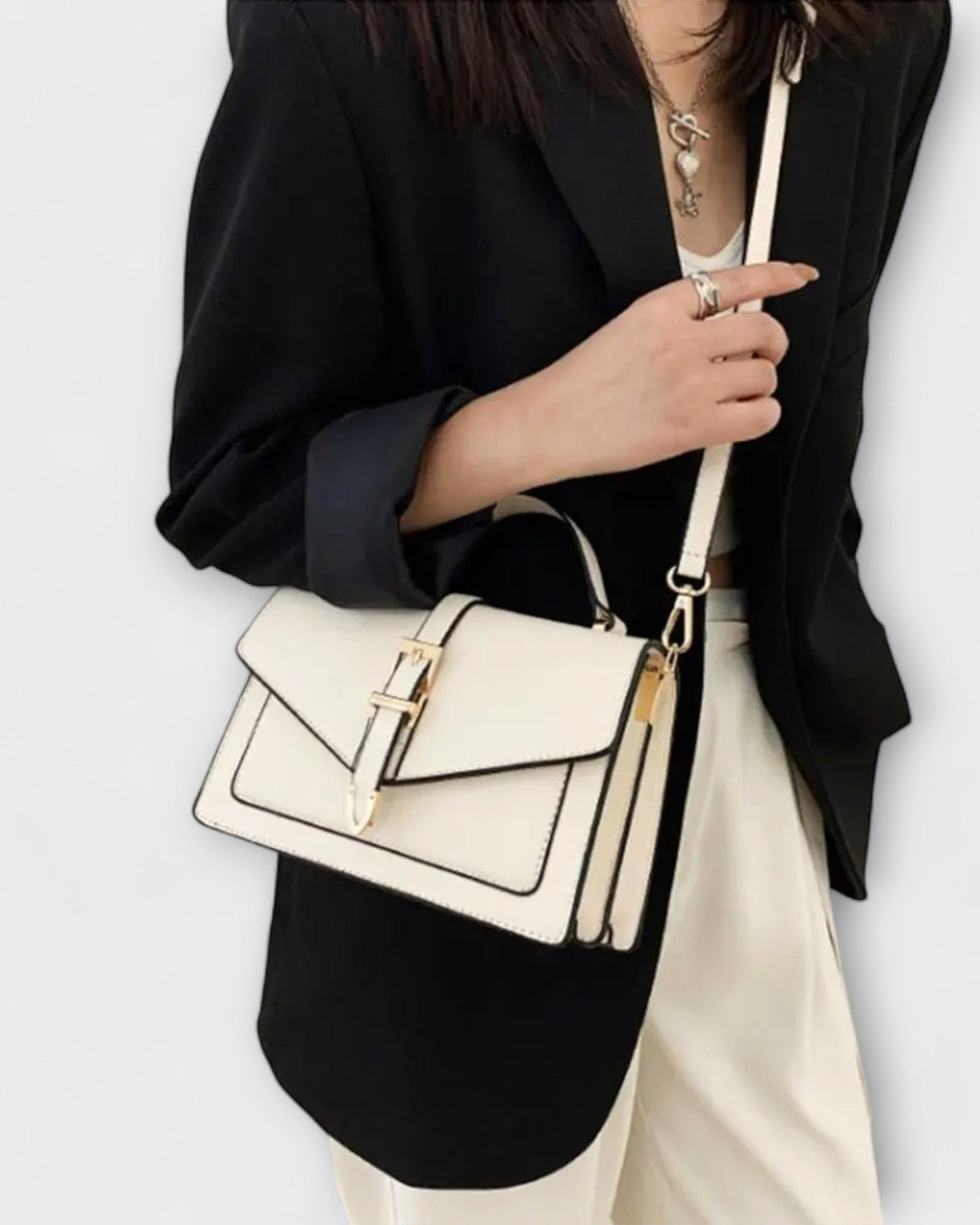 Lumina Wear Olivia mini satchel handbag in khaki with timeless buckle detail, compact size and elegant design.