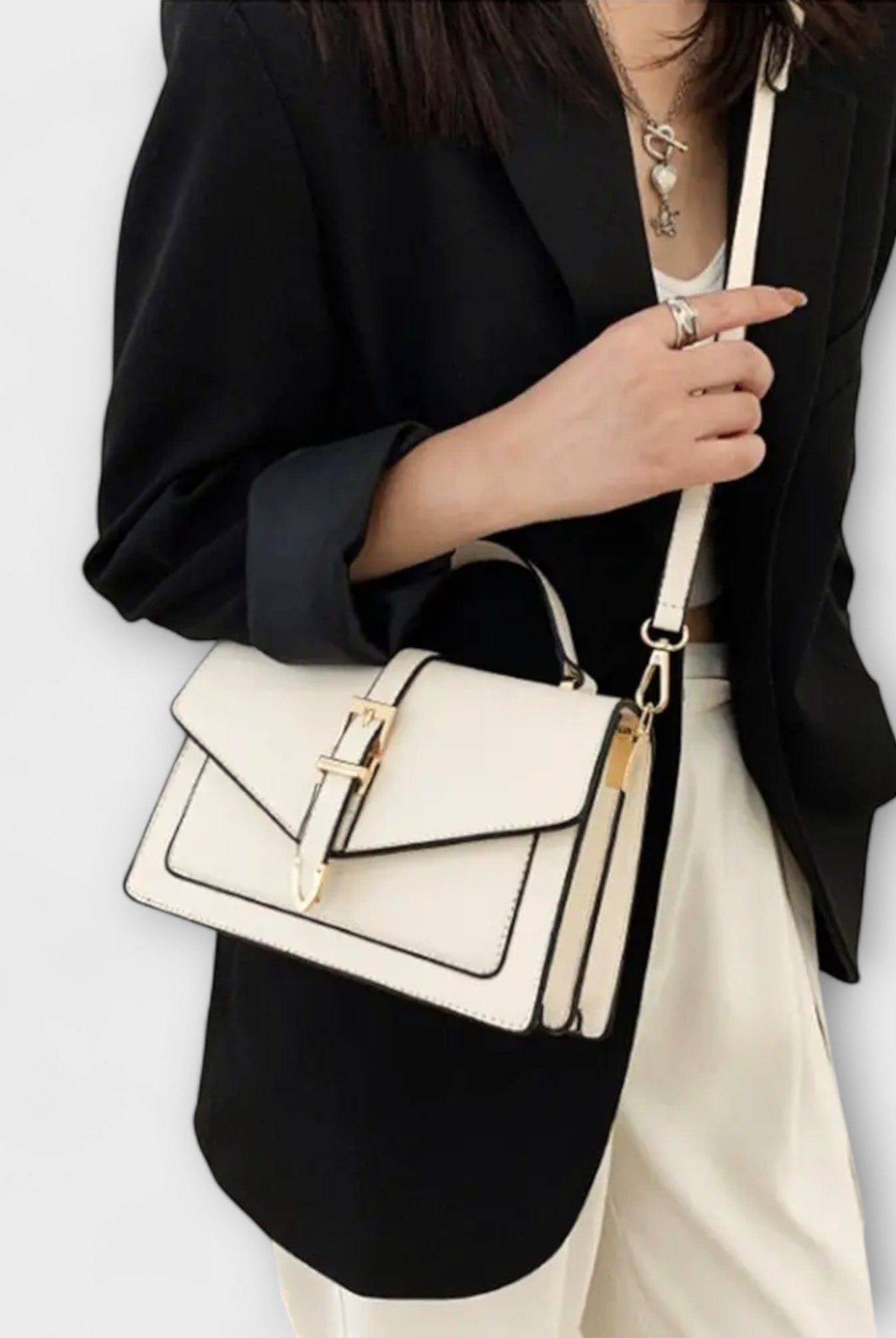 Lumina Wear Olivia mini satchel handbag in khaki with elegant buckle detail, compact size, perfect for stylish everyday use.