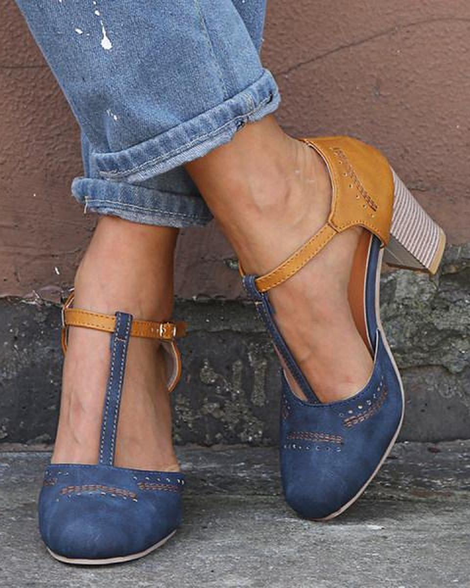 Blue Olivia vintage-inspired block heel ankle strap shoes by Lumina Wear, featuring a secure fit and stylish design.