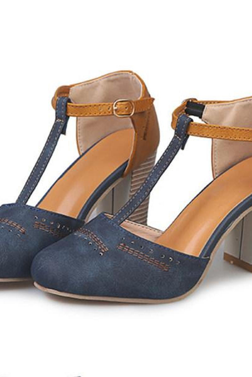 Blue Olivia vintage-inspired ankle strap heels by Lumina Wear with block heel and secure fit, showcasing stylish design and ankle straps.