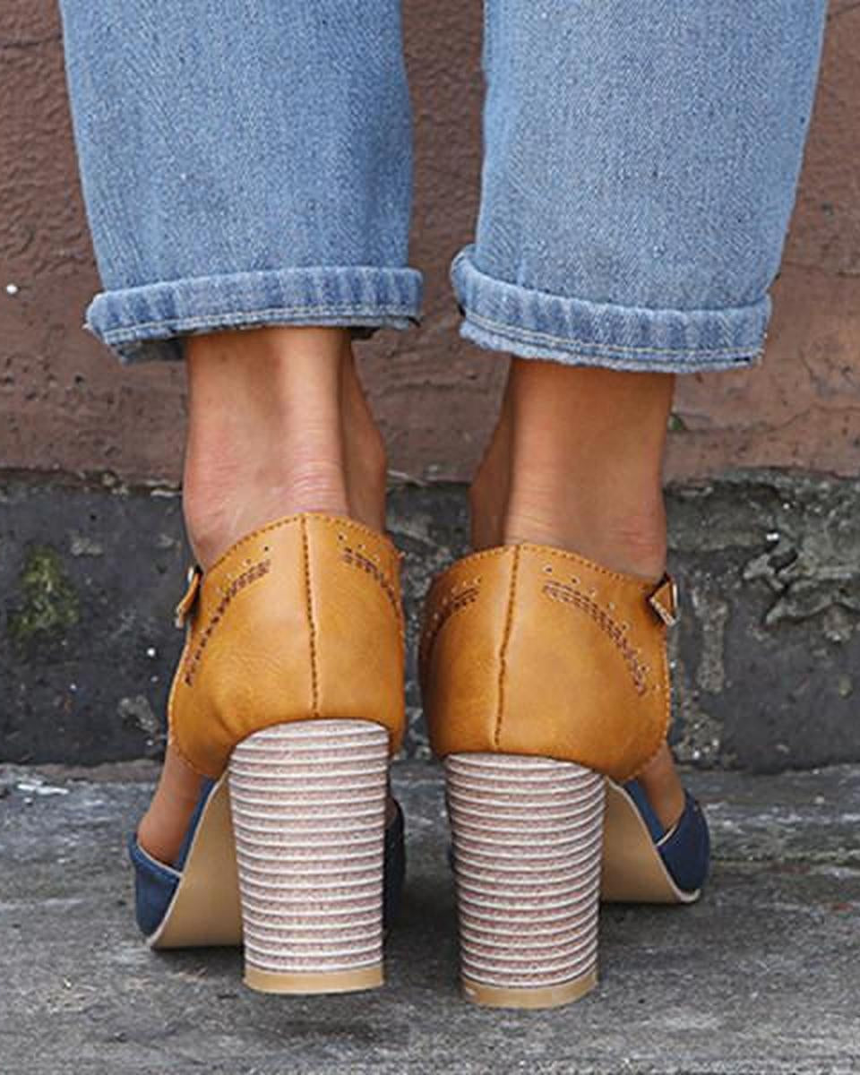 Blue vintage-inspired block heel ankle strap heels by Lumina Wear with secure fit and stylish design.