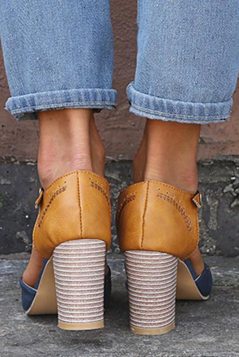 Lumina Wear Olivia vintage-inspired blue ankle strap block heel shoes with secure fit and stylish design.