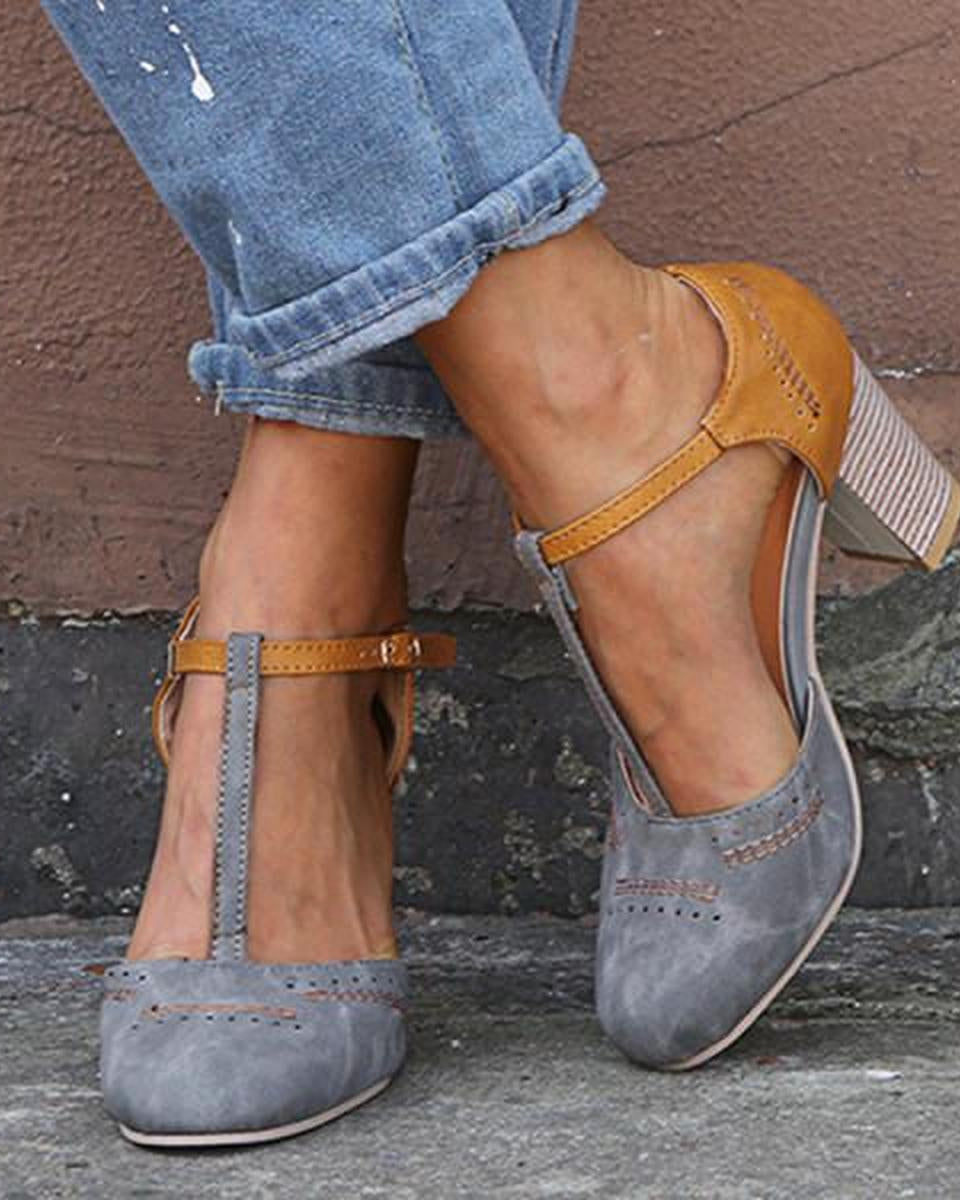 Blue vintage-inspired Lumina Wear Olivia block heel ankle strap heels with secure fit and stylish design.
