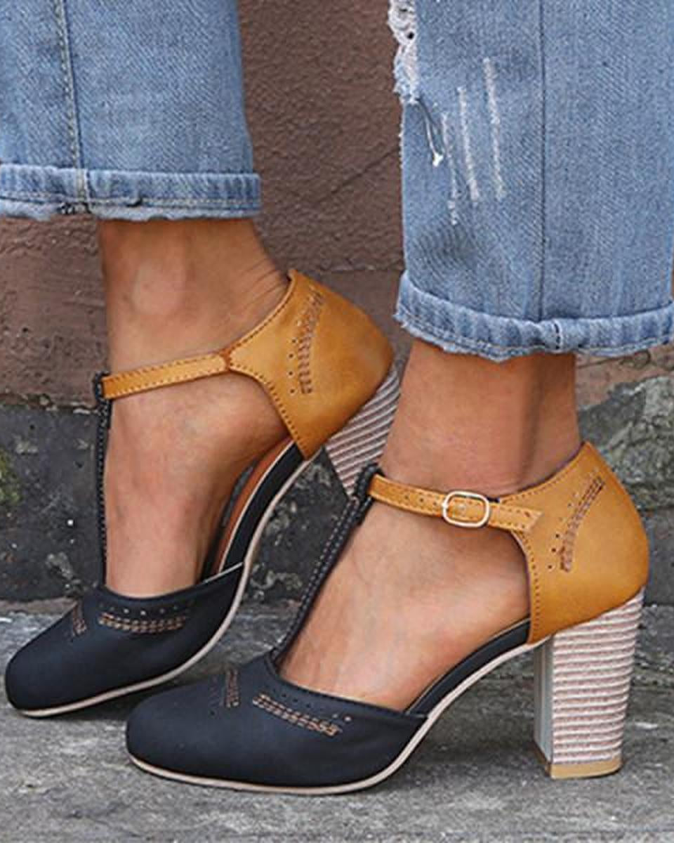 Blue Olivia vintage-inspired block heel ankle strap shoes by Lumina Wear, featuring secure fit and stylish design.