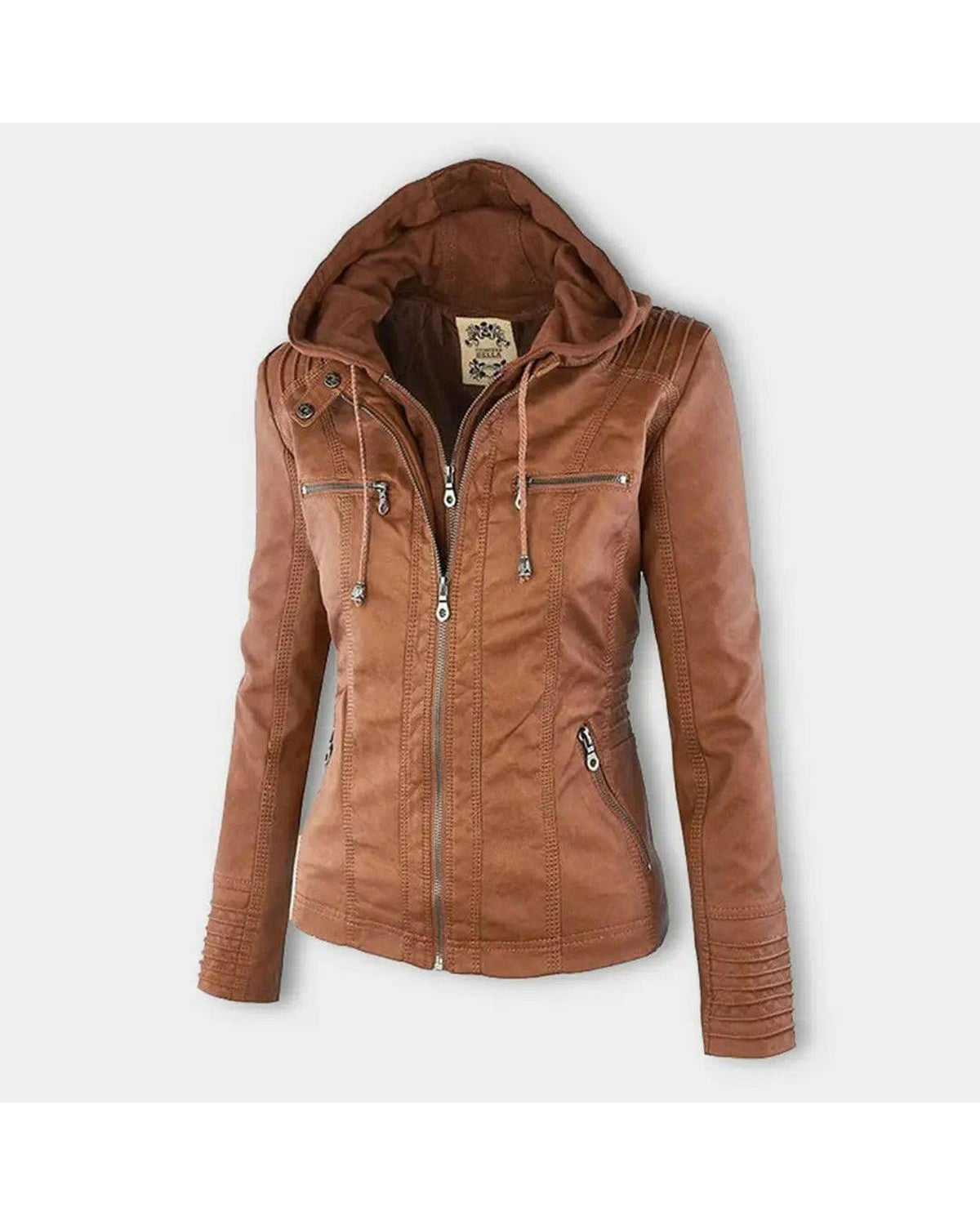 Olivia water-resistant hooded women's leather jacket in khaki by Lumina Wear, featuring a stylish hood and durable waterproof design.