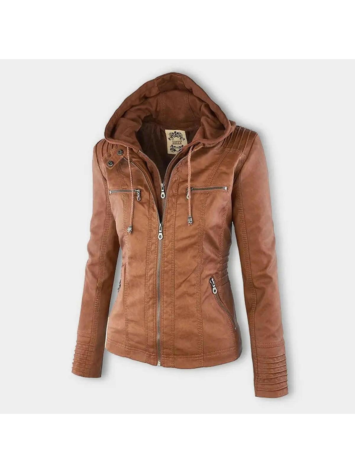 Olivia water-resistant hooded women's jacket in khaki by Lumina Vancouver, featuring a stylish leather look and waterproof design.