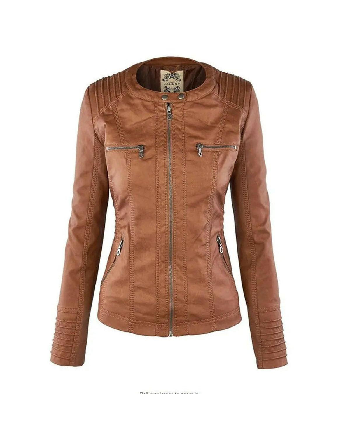 Olivia water-resistant hooded jacket by Lumina Wear, khaki color, women’s waterproof jacket with hood and leather details.