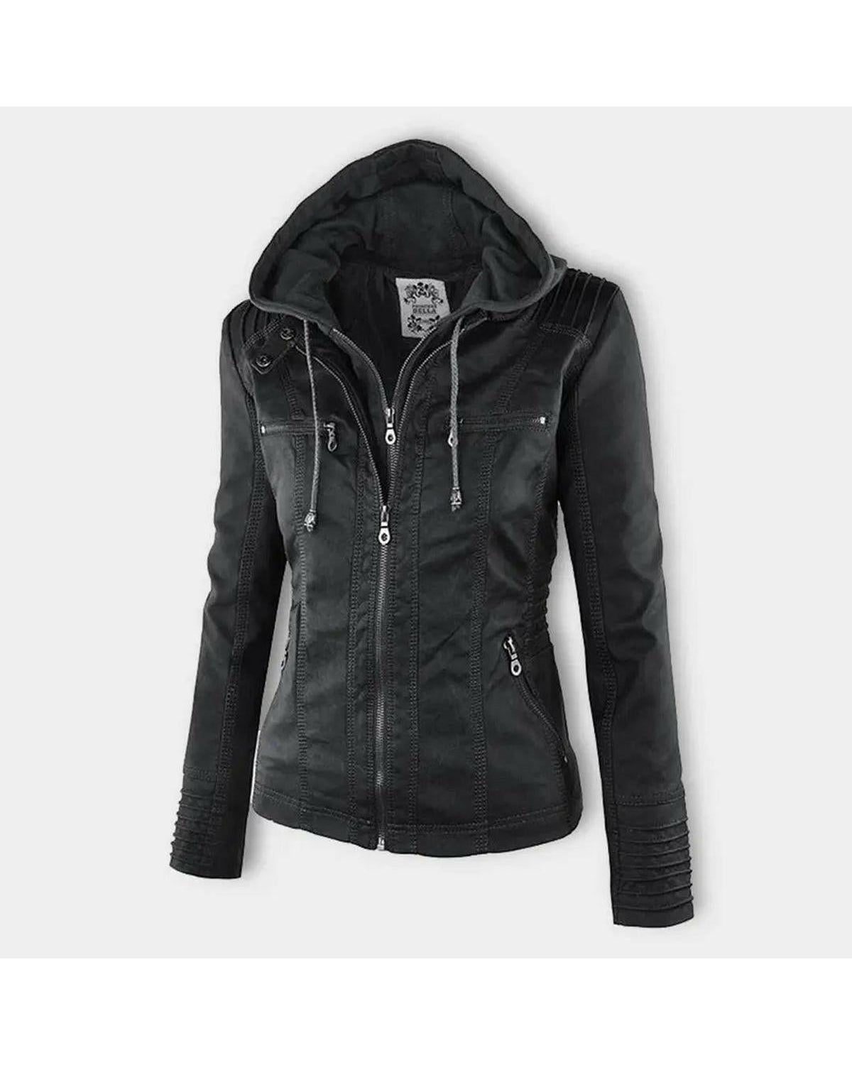 Olivia waterproof hooded jacket for women by Lumina Wear, khaki color, water-resistant leather with a hood, casual outdoor style.