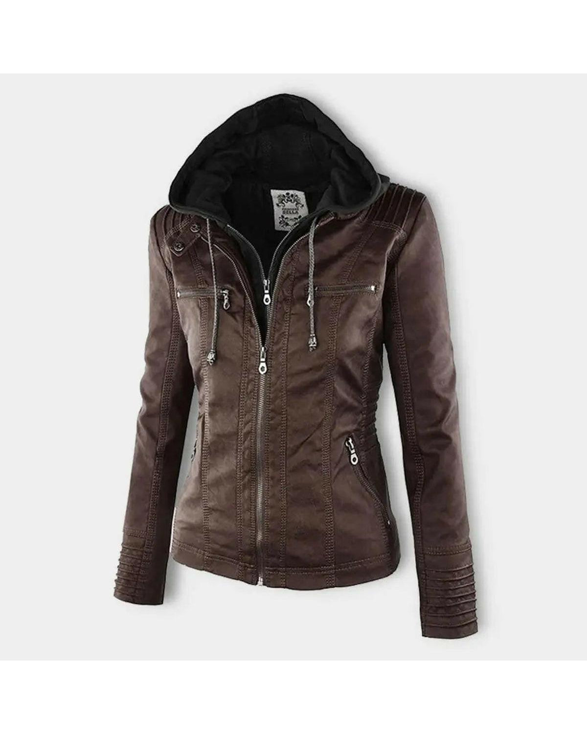 Olivia waterproof hooded jacket for women by Lumina Wear in khaki, featuring a water-resistant leather design with a hood.