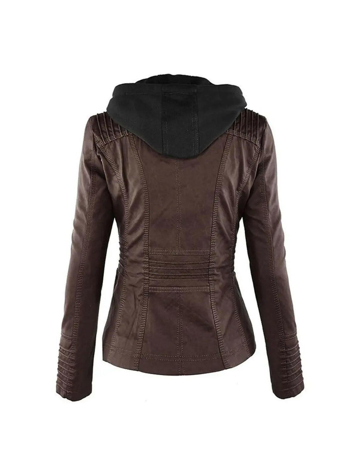 Olivia water-resistant hooded women's leather jacket in khaki by Lumina Vancouver, designed for outdoor wear and weather protection.