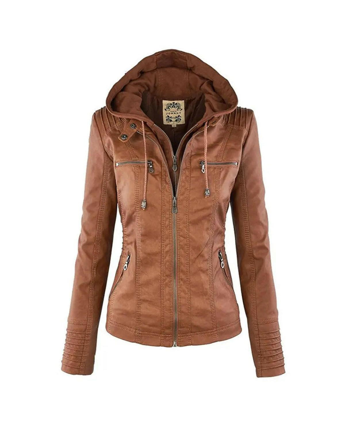 Olivia Lumina waterproof hooded jacket for women, khaki color, water-resistant with leather details and a hood, outdoor wear.