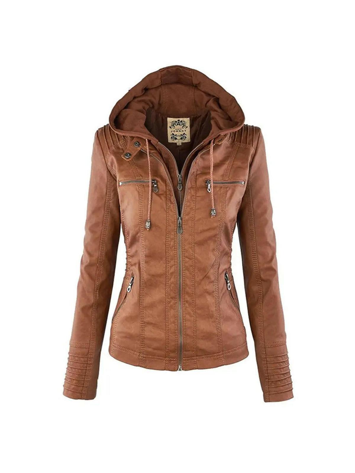 Olivia waterproof women’s hooded jacket in khaki from Lumina Vancouver, featuring water-resistant leather and a stylish hood.