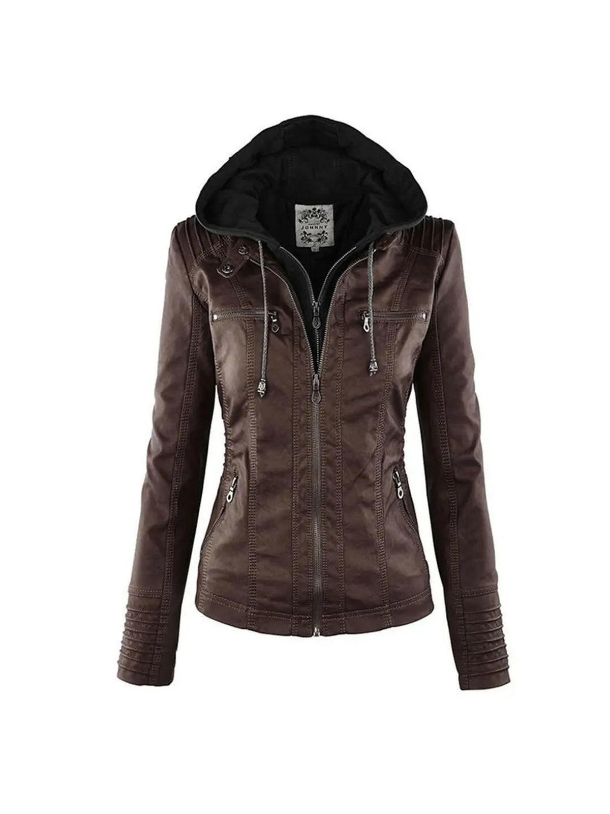 Olivia water-resistant hooded women's leather jacket in khaki by Lumina Vancouver, designed for outdoor wear.