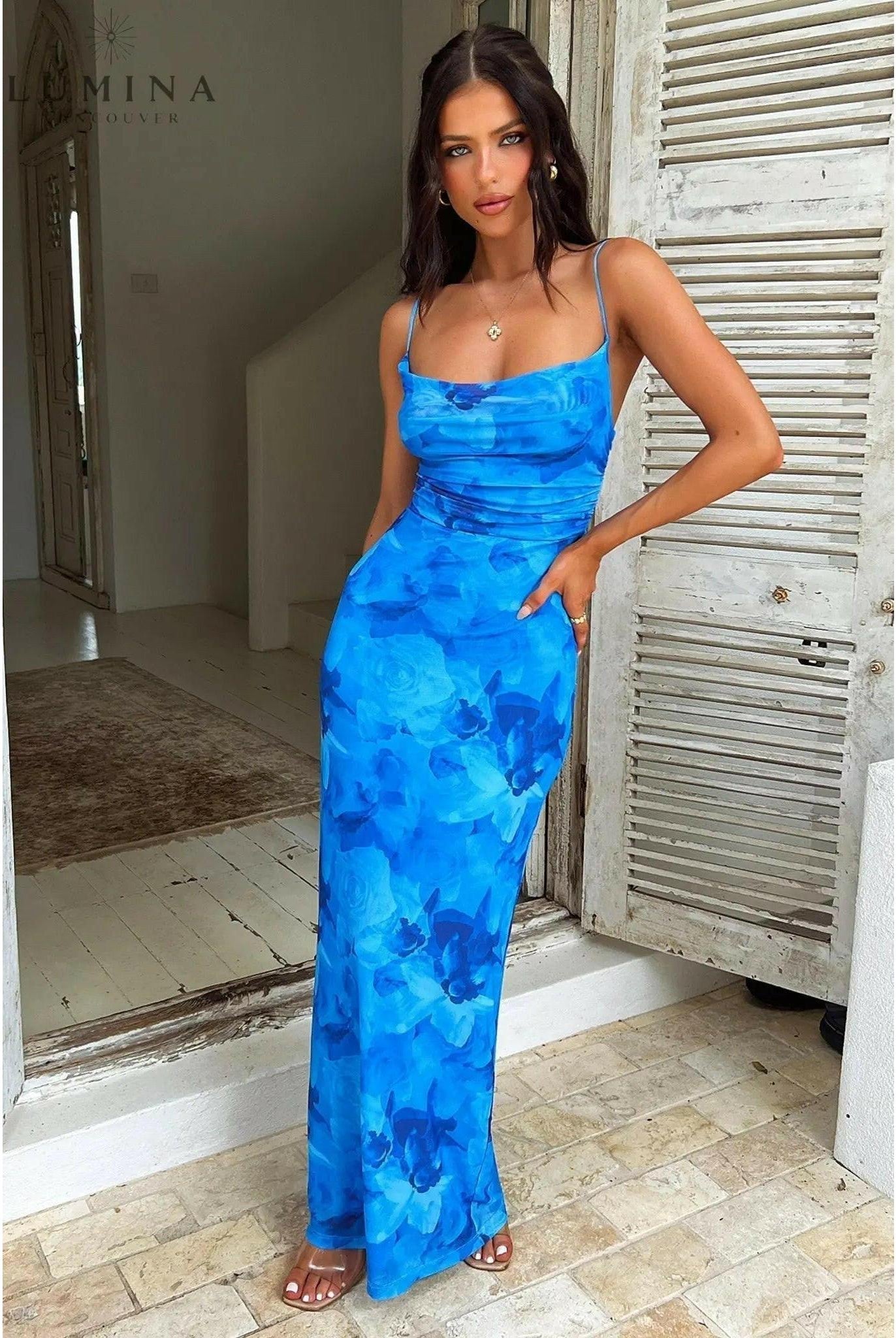 Opal Blue Elegant Satin Knot Evening Dress by Lumina Wear, featuring a fitted silhouette and stylish knot detail, perfect for special occasions.