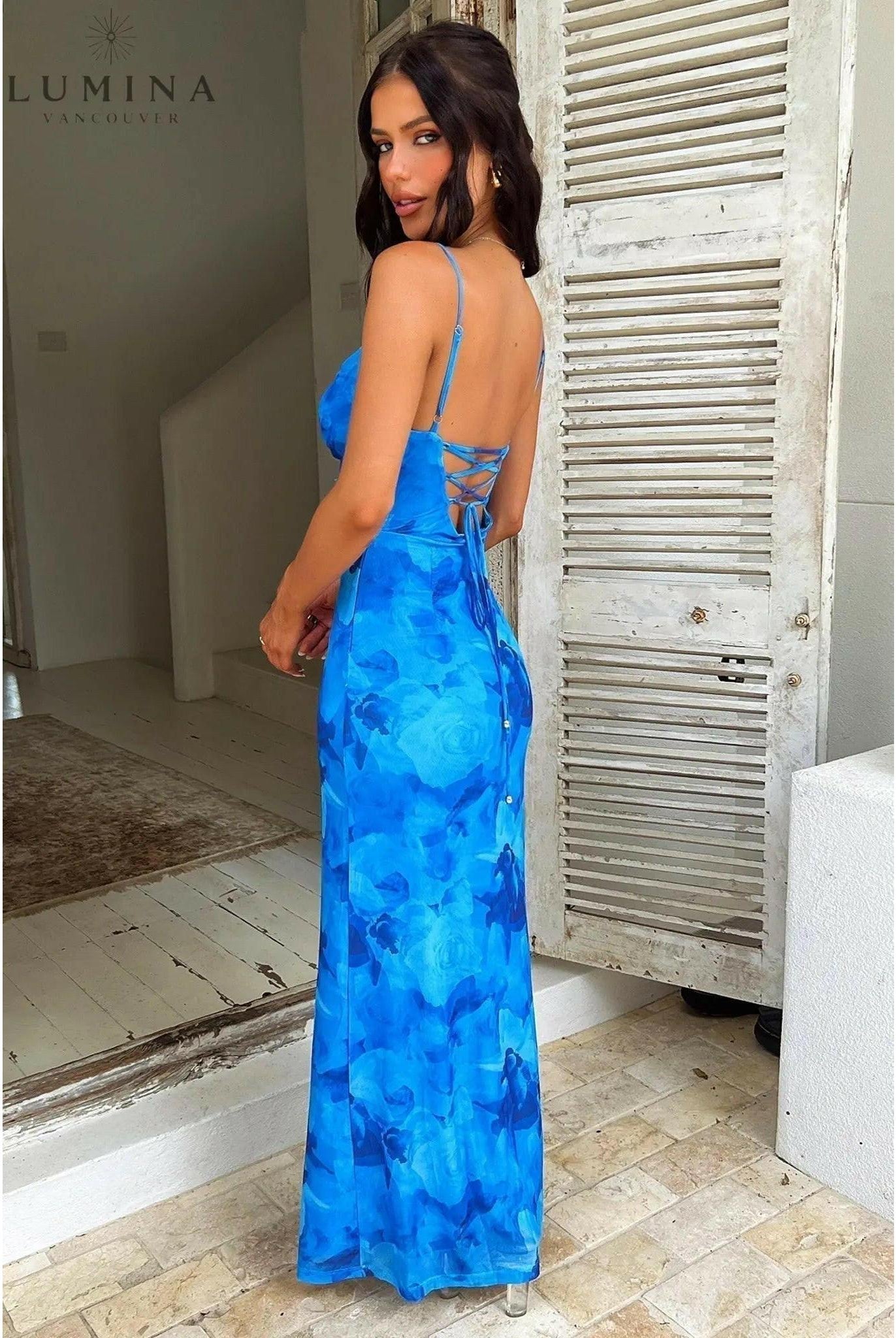 Opal Blue satin knot evening dress by Lumina Wear, featuring elegant design, perfect for wedding guests and special occasions.