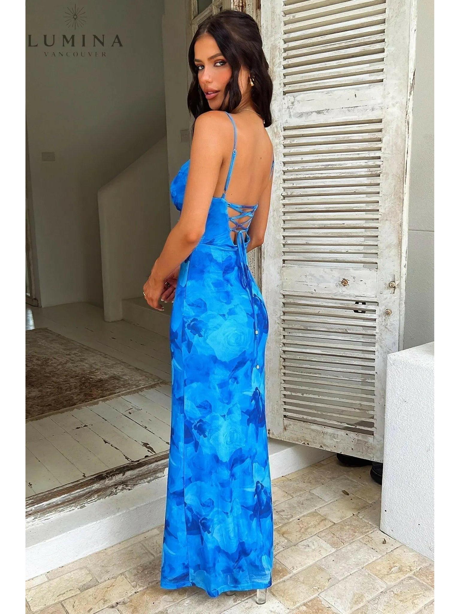 Opal Blue satin knot dress by Lumina Vancouver, elegant wedding guest dress in size 6-8 XS with a stylish knot detail.