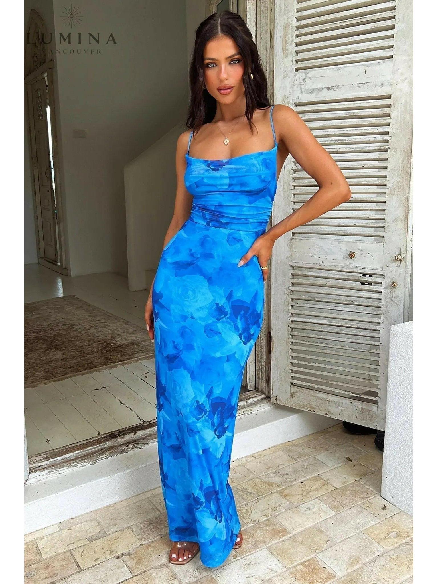 Opal Blue elegant satin knot wedding guest dress by Lumina Vancouver, perfect for formal occasions, shown in size XS.