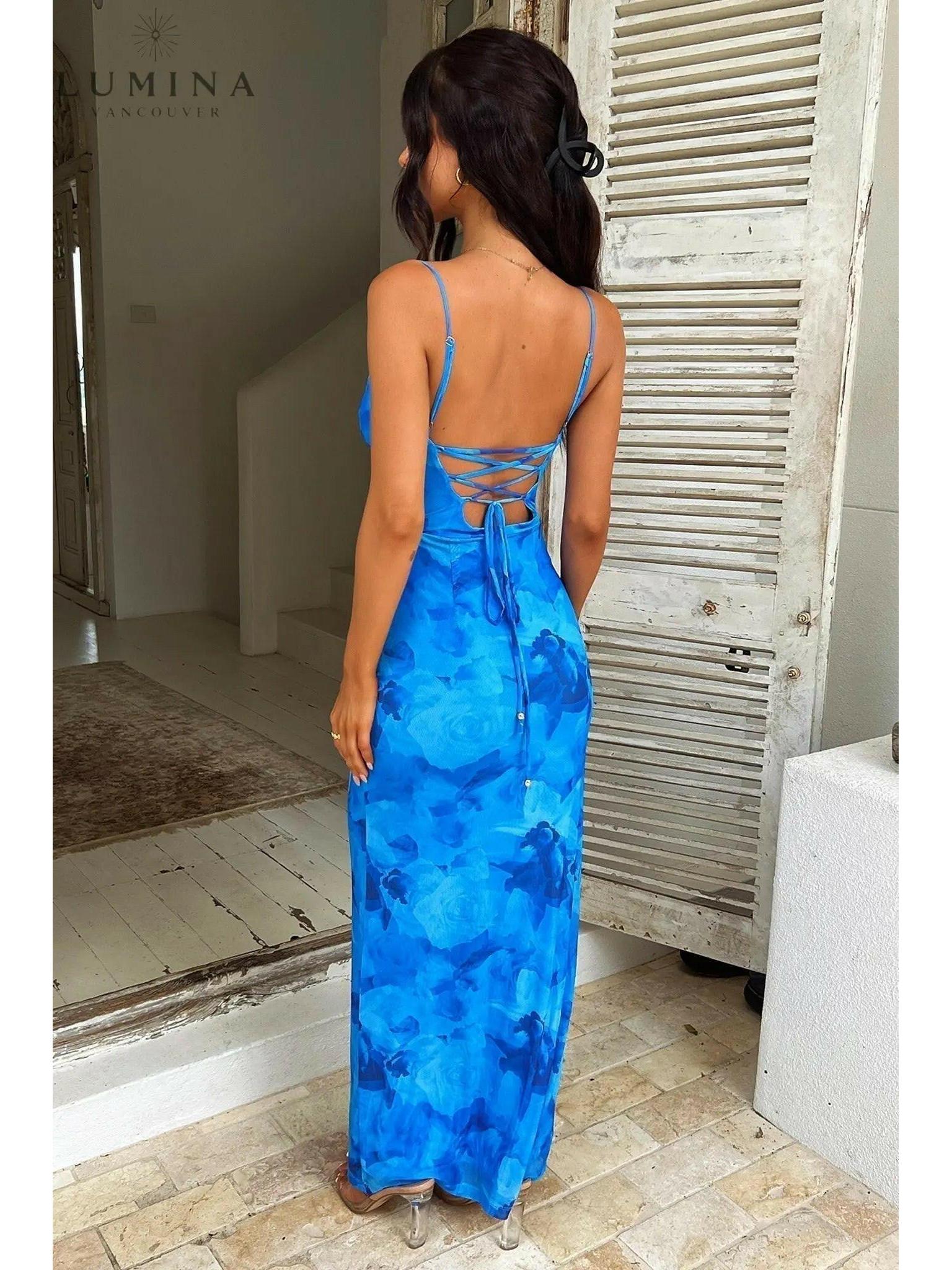 Opal blue satin knot dress for wedding guests by Lumina Vancouver, stylish and elegant for special occasions.