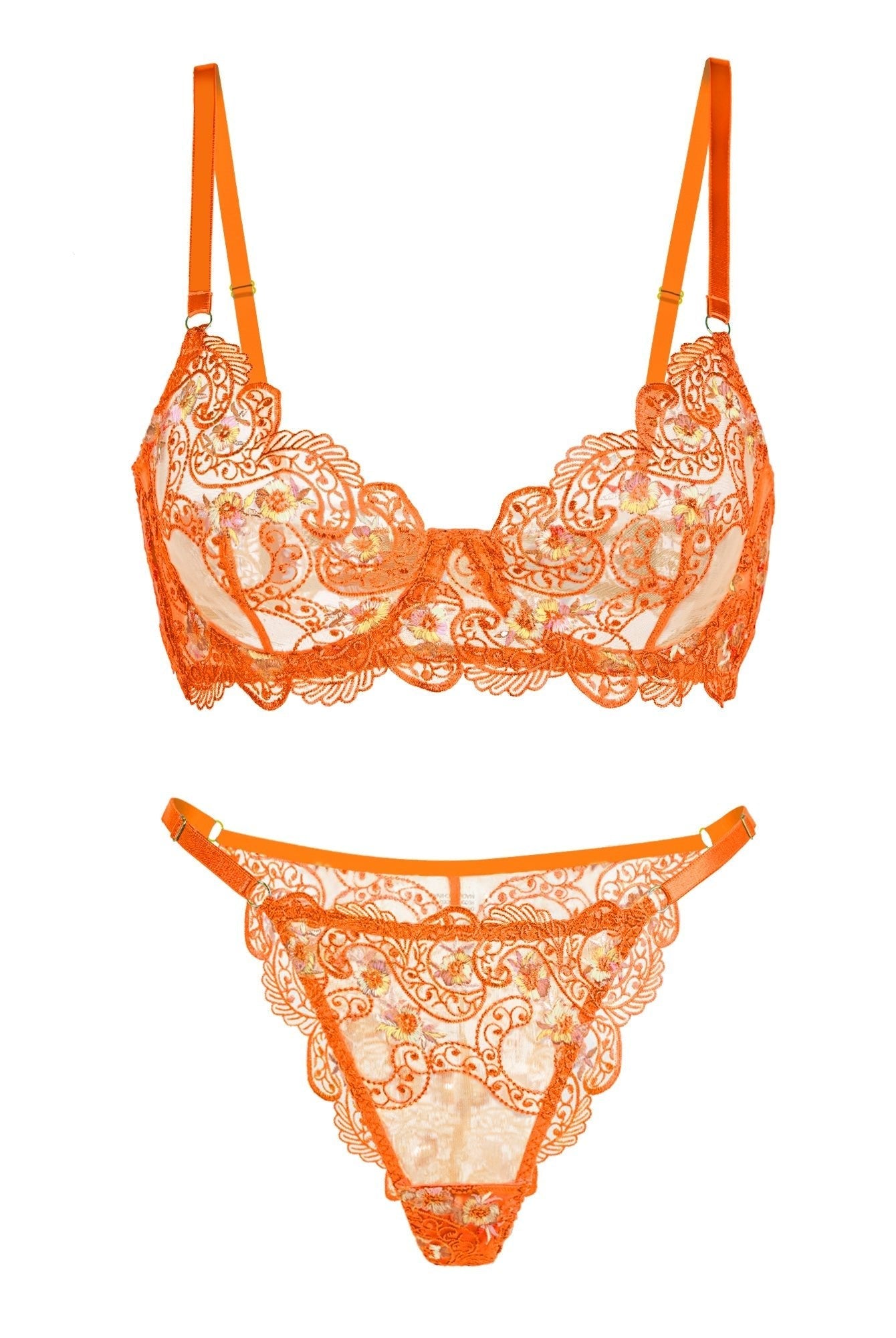 Orange floral embroidery lingerie set by Lumina Wear, includes matching bra and panties, detailed floral embroidery design.