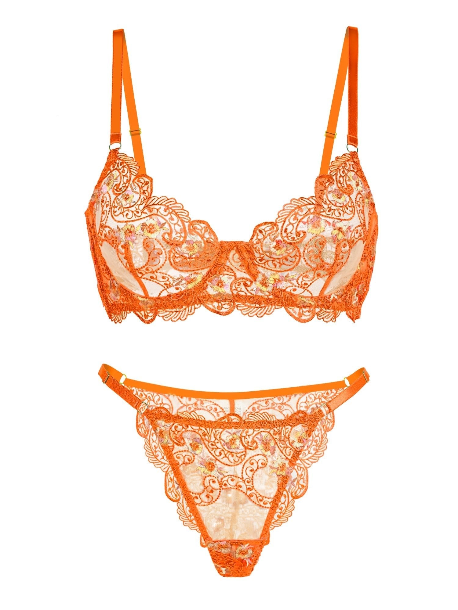 Orange floral embroidery lingerie set, 2-piece by Lumina Vancouver, featuring delicate floral details and soft fabric.