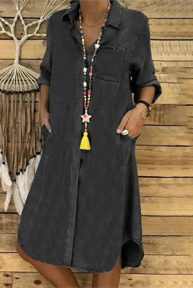 Baby blue Palmira denim long-sleeved dress by Lumina Wear displayed on a model, featuring a casual yet stylish design.